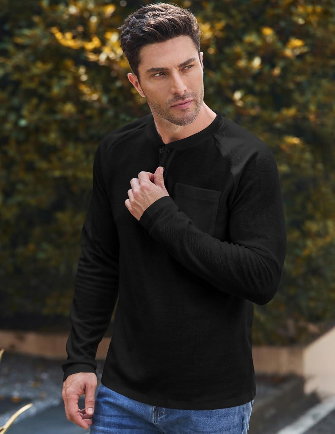 imageJMIERR Mens Waffle Henley Shirts Crewneck Long Sleeve Button Casual TShirt with PocketBlack