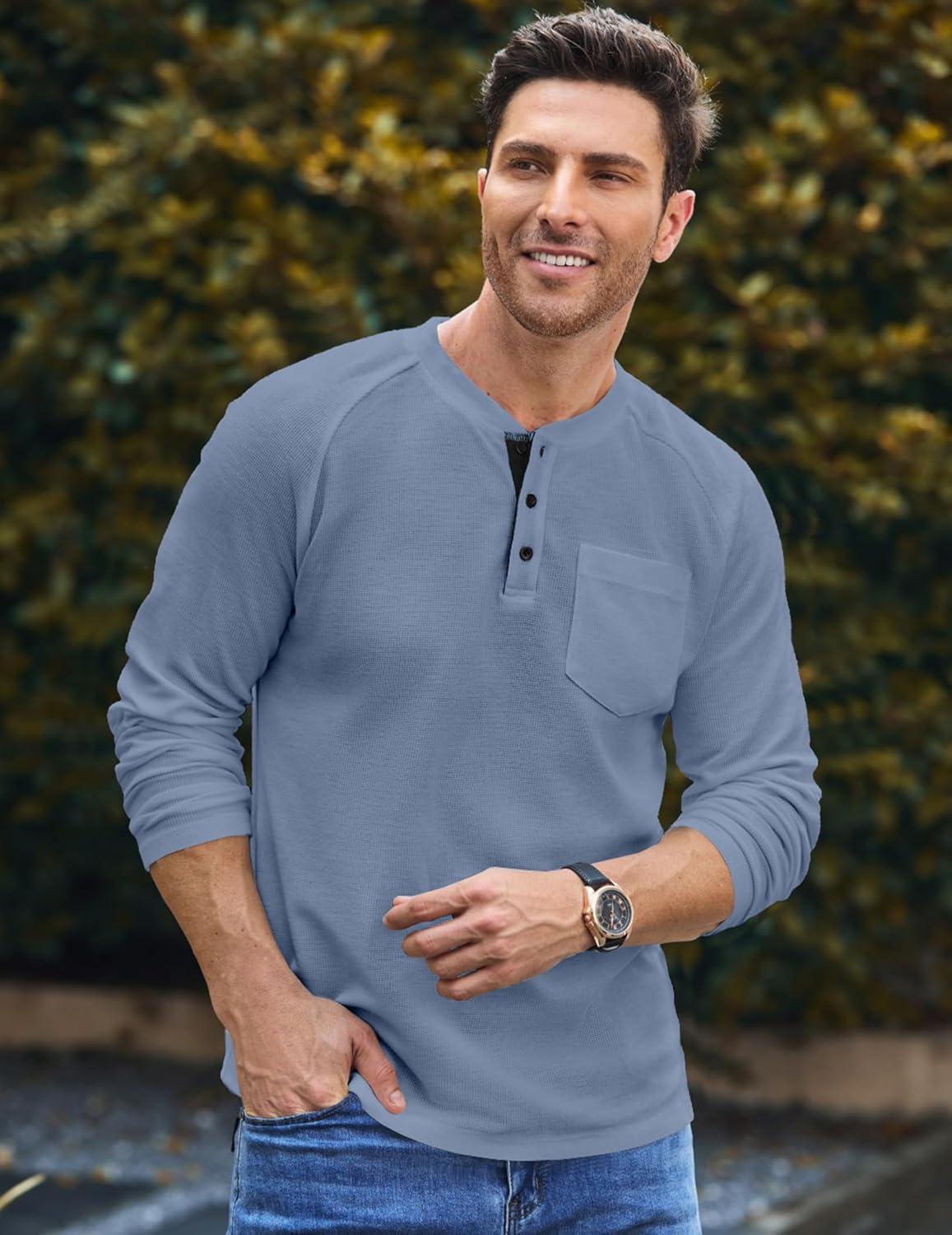 imageJMIERR Mens Waffle Henley Shirts Crewneck Long Sleeve Button Casual TShirt with PocketBlue