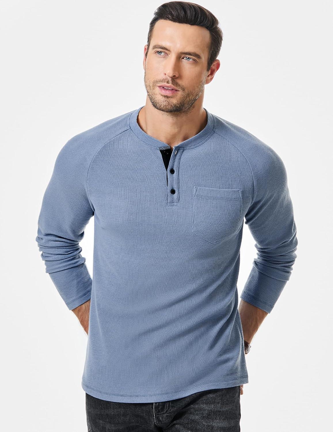 imageJMIERR Mens Waffle Henley Shirts Crewneck Long Sleeve Button Casual TShirt with PocketBlue