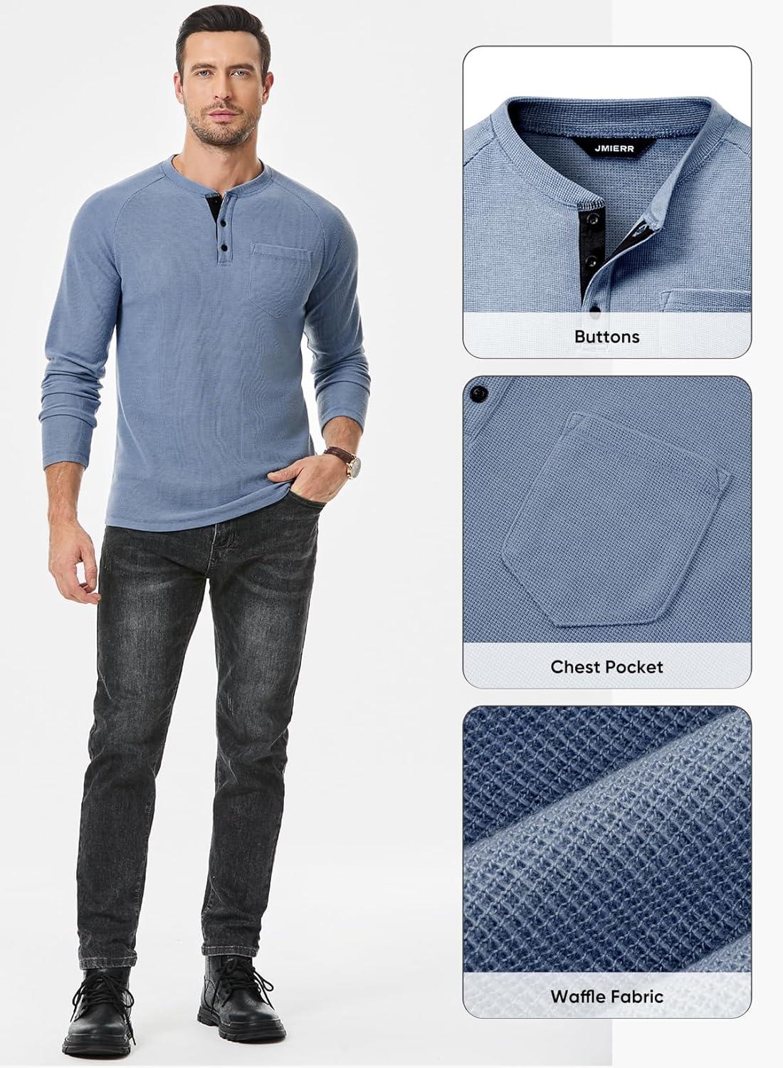 imageJMIERR Mens Waffle Henley Shirts Crewneck Long Sleeve Button Casual TShirt with PocketBlue