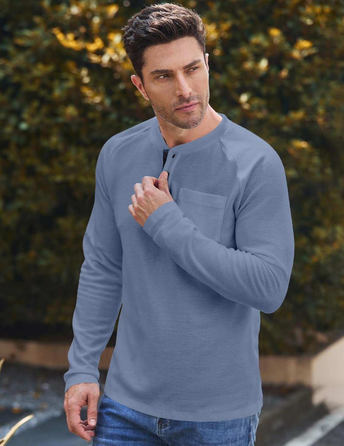 imageJMIERR Mens Waffle Henley Shirts Crewneck Long Sleeve Button Casual TShirt with PocketBlue