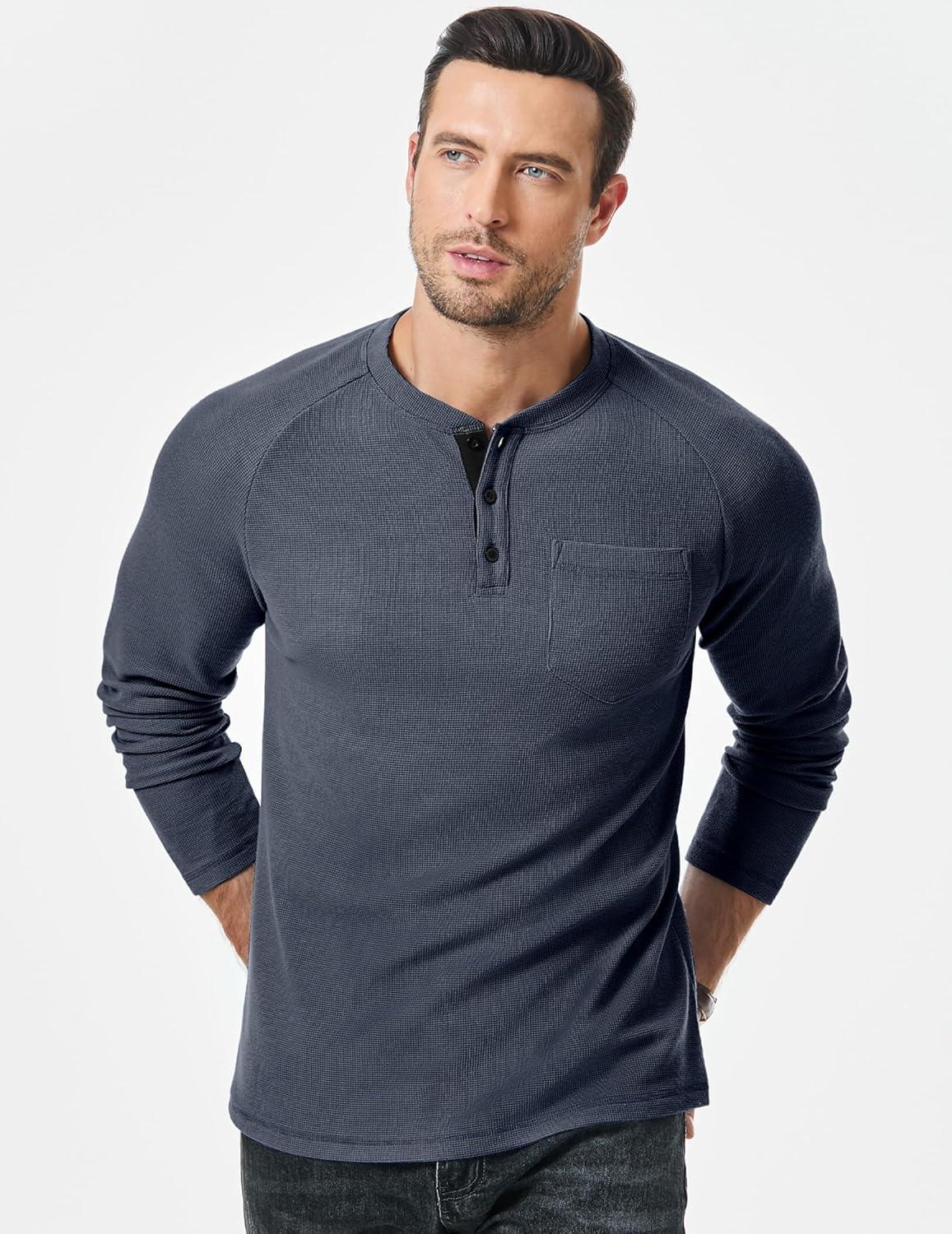 imageJMIERR Mens Waffle Henley Shirts Crewneck Long Sleeve Button Casual TShirt with PocketDark Grey