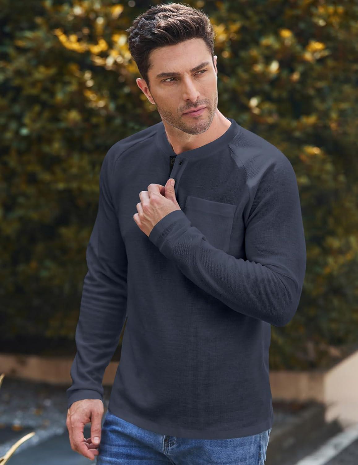 imageJMIERR Mens Waffle Henley Shirts Crewneck Long Sleeve Button Casual TShirt with PocketDark Grey