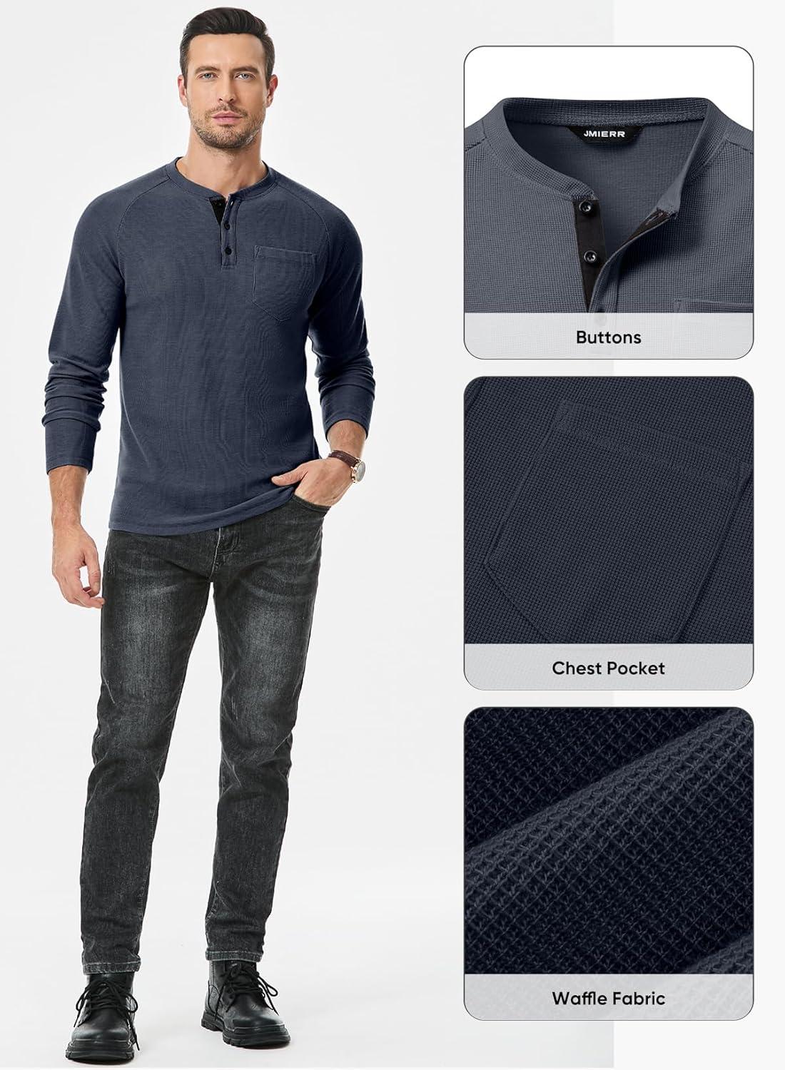 imageJMIERR Mens Waffle Henley Shirts Crewneck Long Sleeve Button Casual TShirt with PocketDark Grey