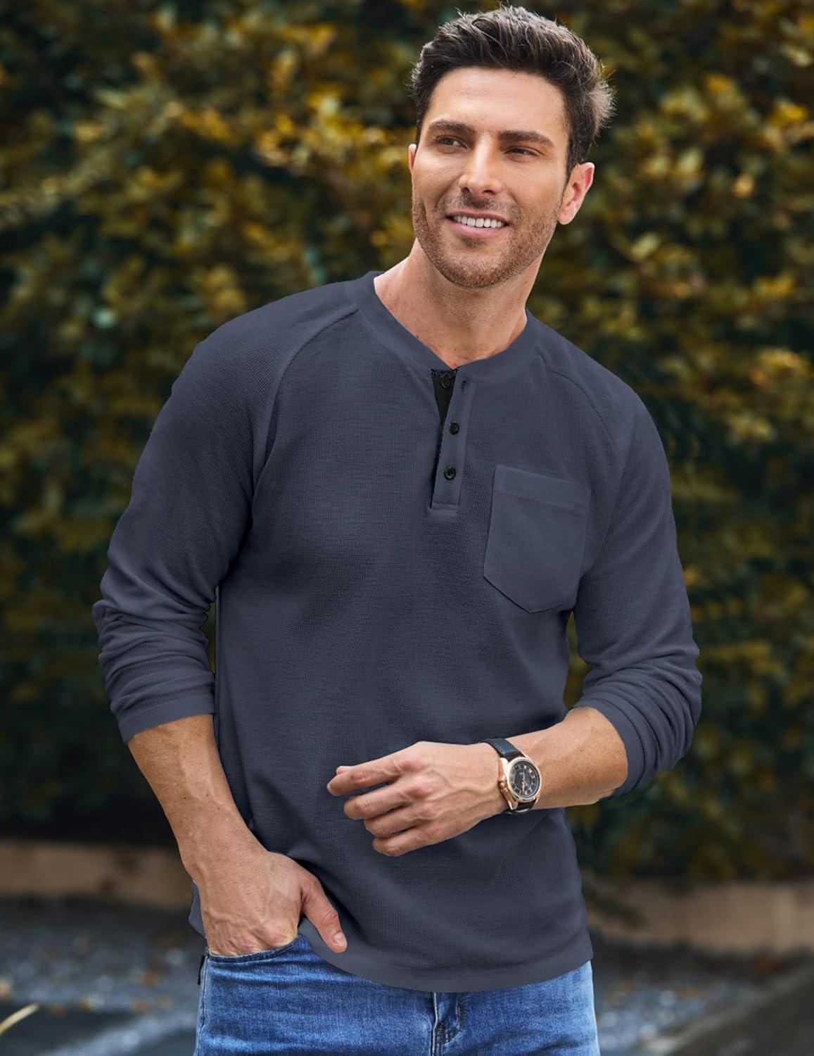 imageJMIERR Mens Waffle Henley Shirts Crewneck Long Sleeve Button Casual TShirt with PocketDark Grey