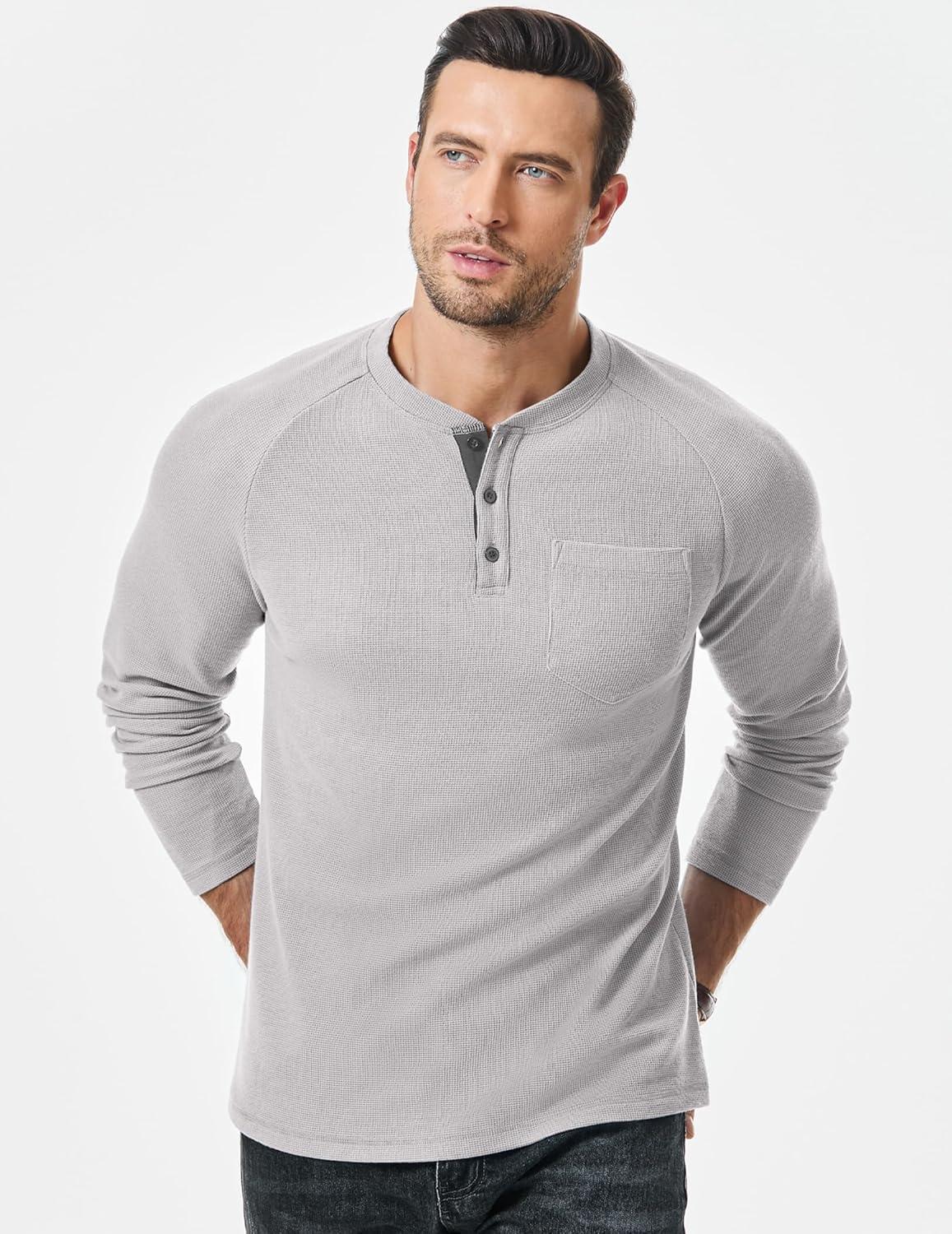 imageJMIERR Mens Waffle Henley Shirts Crewneck Long Sleeve Button Casual TShirt with PocketLight Grey