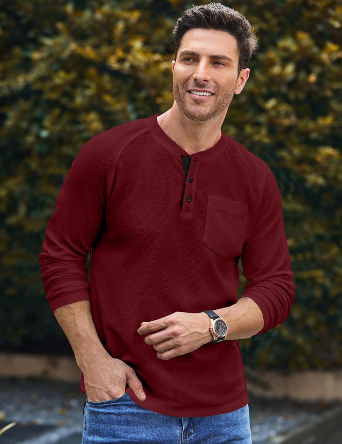 imageJMIERR Mens Waffle Henley Shirts Crewneck Long Sleeve Button Casual TShirt with PocketRed