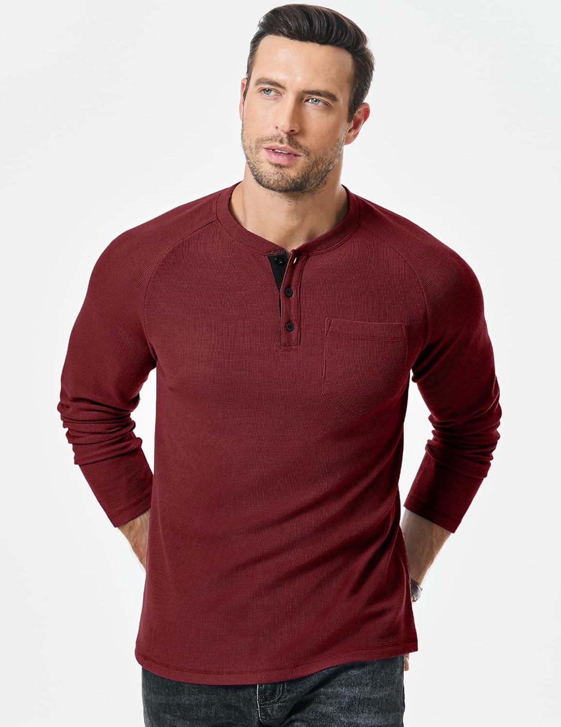 imageJMIERR Mens Waffle Henley Shirts Crewneck Long Sleeve Button Casual TShirt with PocketRed