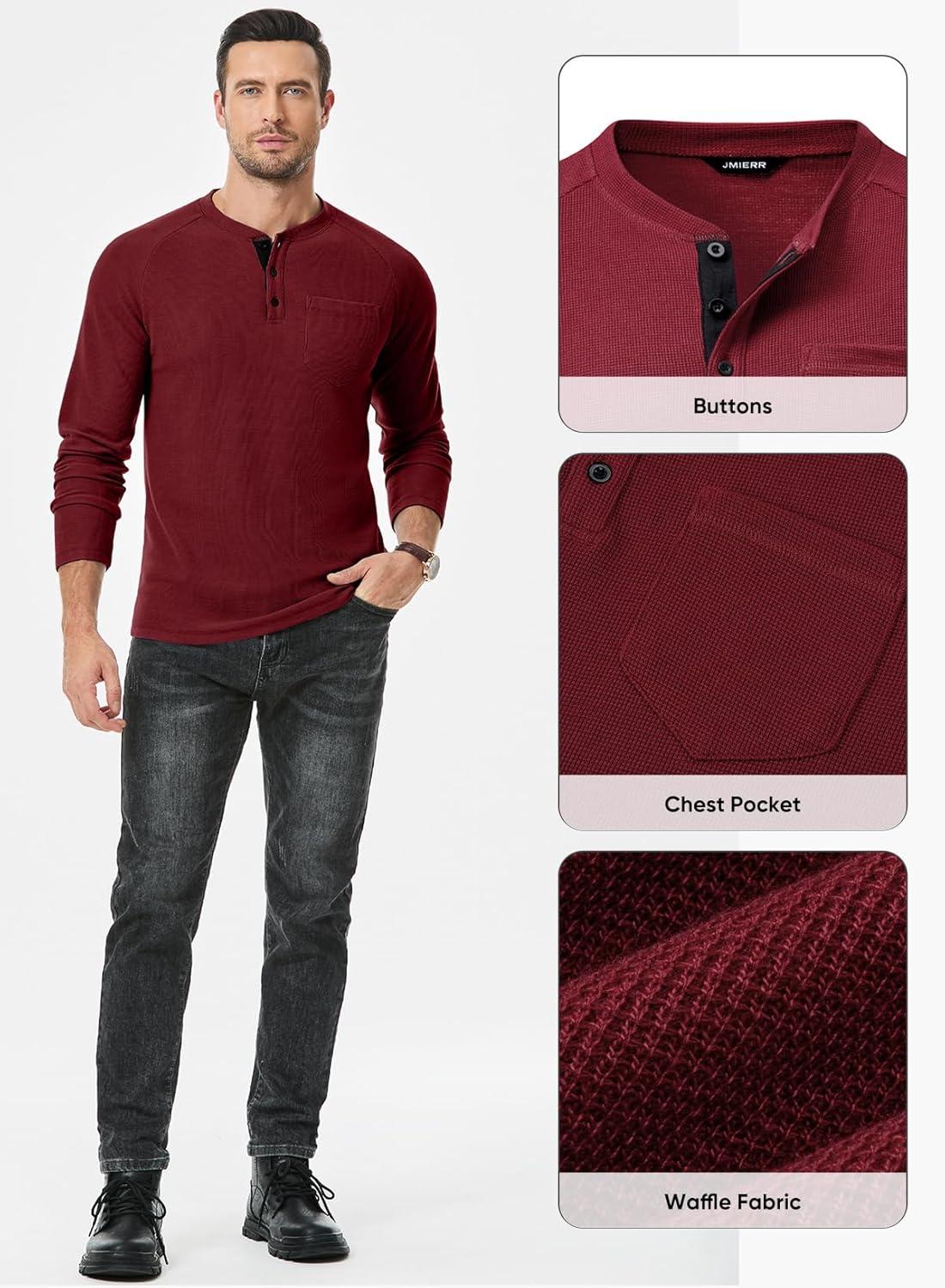 imageJMIERR Mens Waffle Henley Shirts Crewneck Long Sleeve Button Casual TShirt with PocketRed