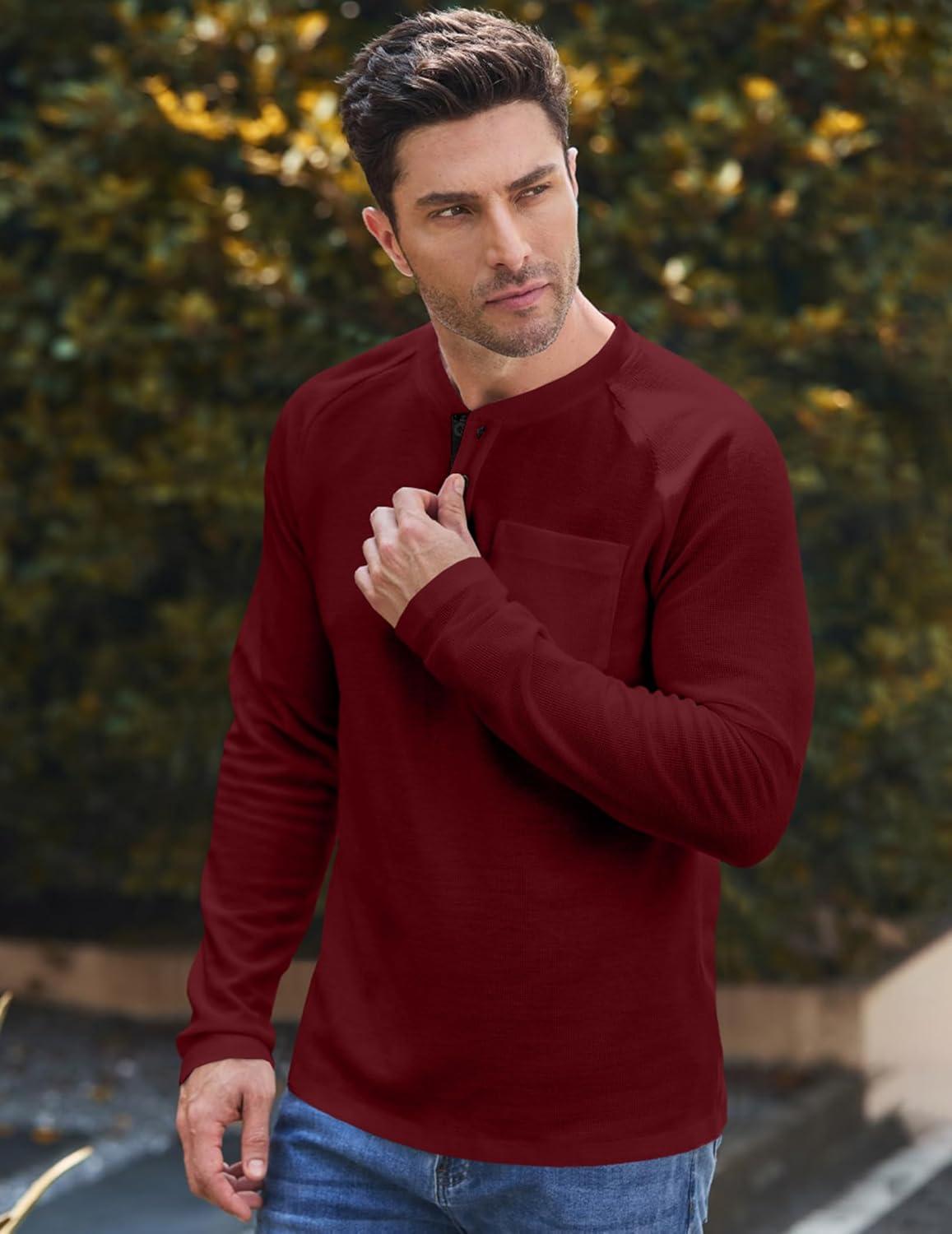 imageJMIERR Mens Waffle Henley Shirts Crewneck Long Sleeve Button Casual TShirt with PocketRed