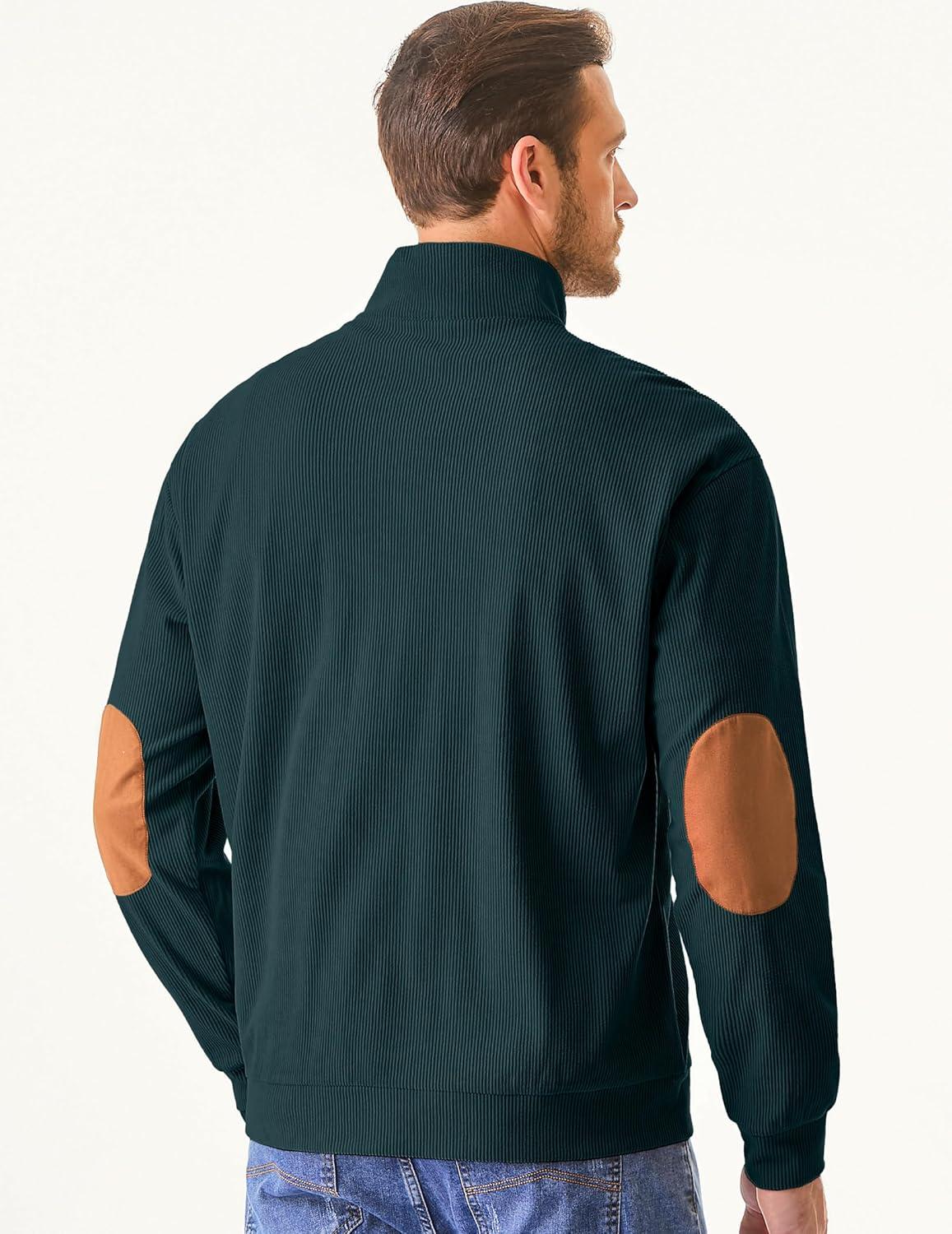 imageJMIERR Mens Warm Corduroy Sweatshirt Casual Stand Collar Quarter Fall Metal Button Pullover Sweaters Long Sleeve with PocketsT Dark Green