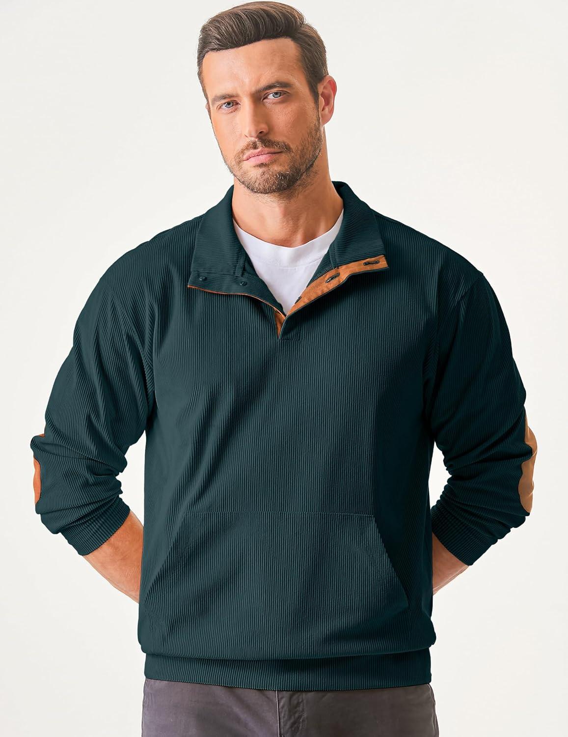 imageJMIERR Mens Warm Corduroy Sweatshirt Casual Stand Collar Quarter Fall Metal Button Pullover Sweaters Long Sleeve with PocketsT Dark Green