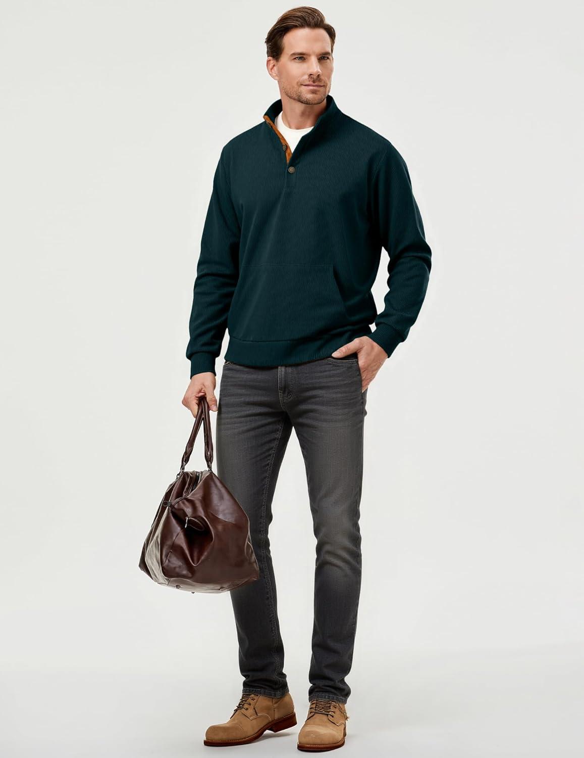 imageJMIERR Mens Warm Corduroy Sweatshirt Casual Stand Collar Quarter Fall Metal Button Pullover Sweaters Long Sleeve with PocketsT Dark Green