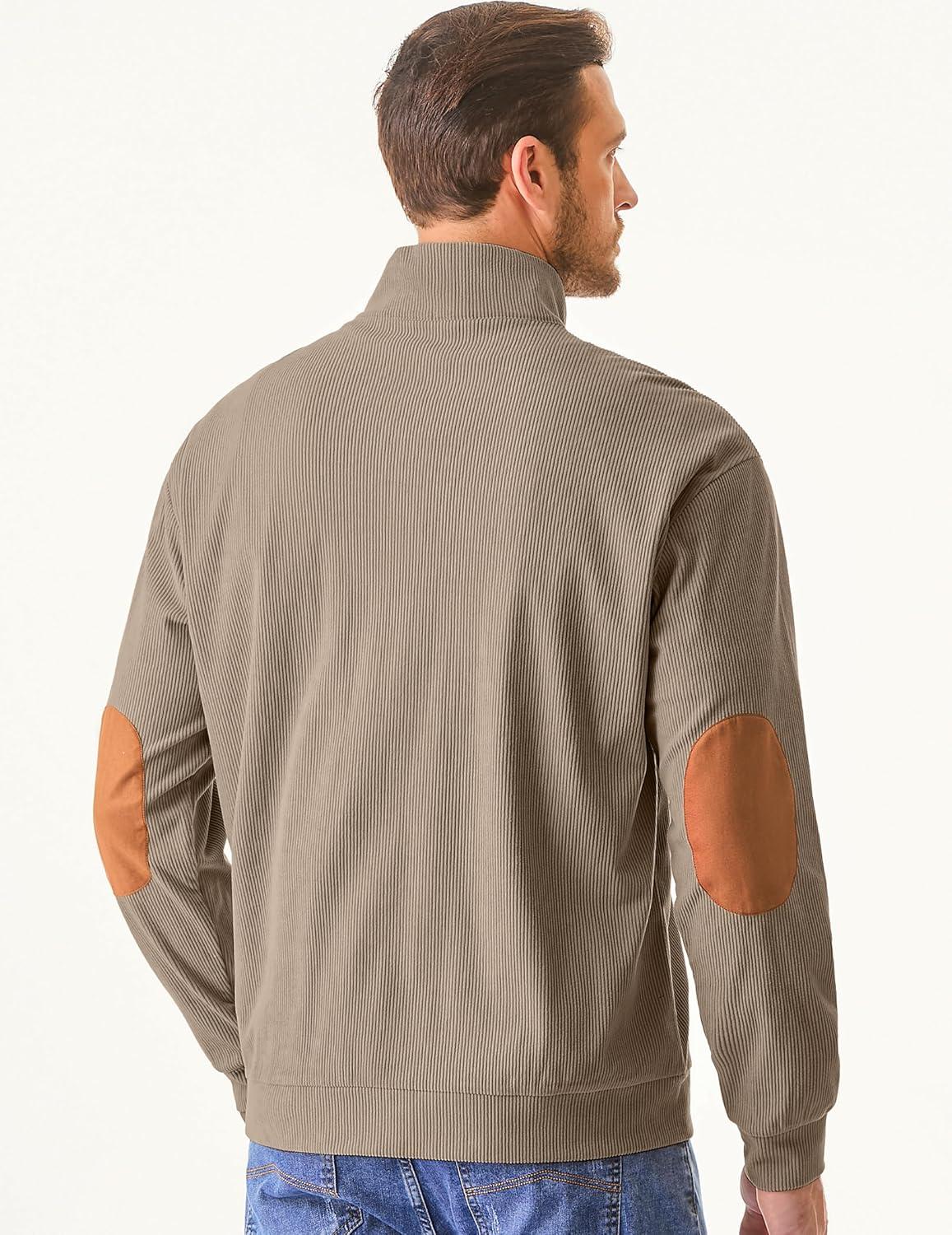 imageJMIERR Mens Warm Corduroy Sweatshirt Casual Stand Collar Quarter Fall Metal Button Pullover Sweaters Long Sleeve with PocketsT Khaki
