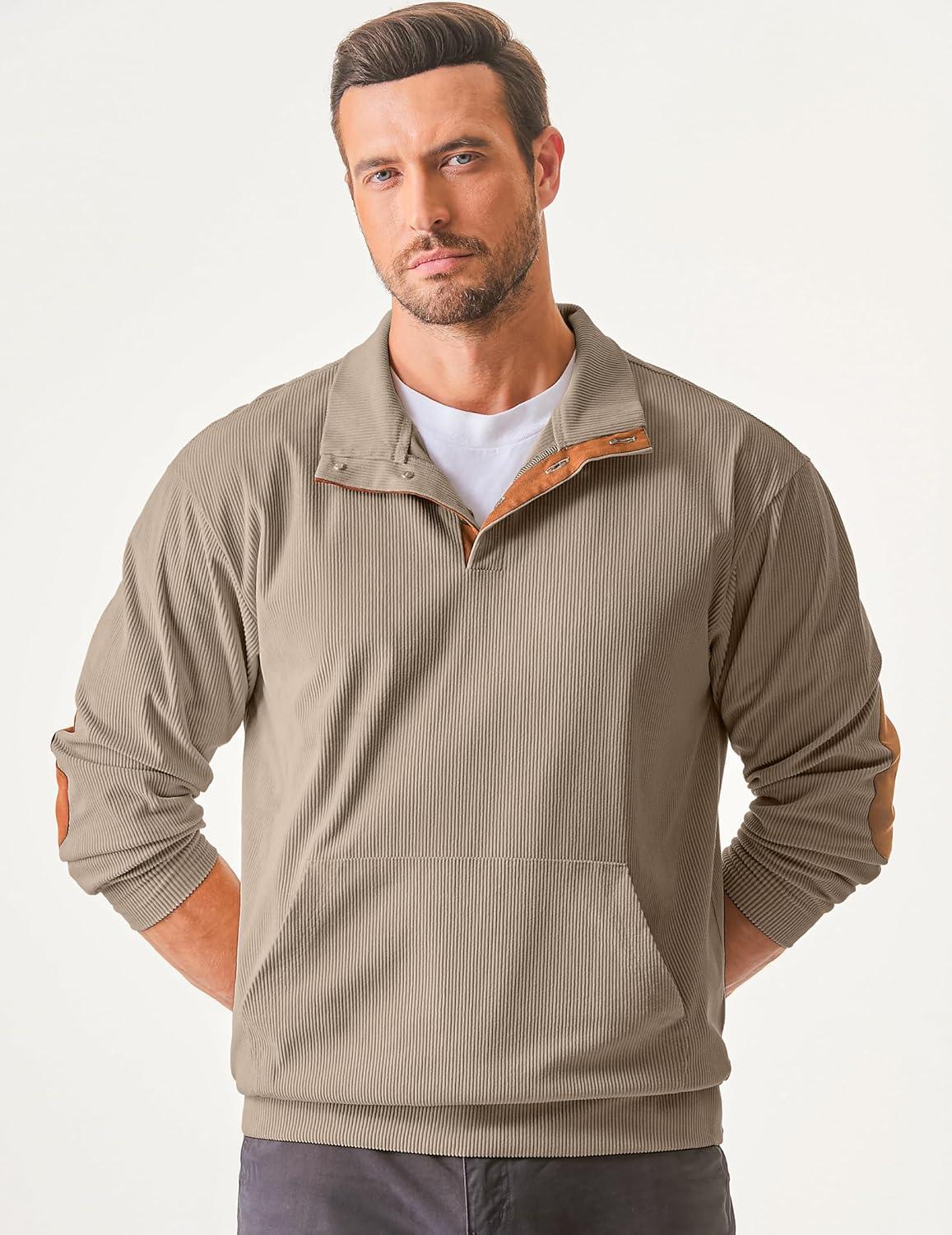 imageJMIERR Mens Warm Corduroy Sweatshirt Casual Stand Collar Quarter Fall Metal Button Pullover Sweaters Long Sleeve with PocketsT Khaki