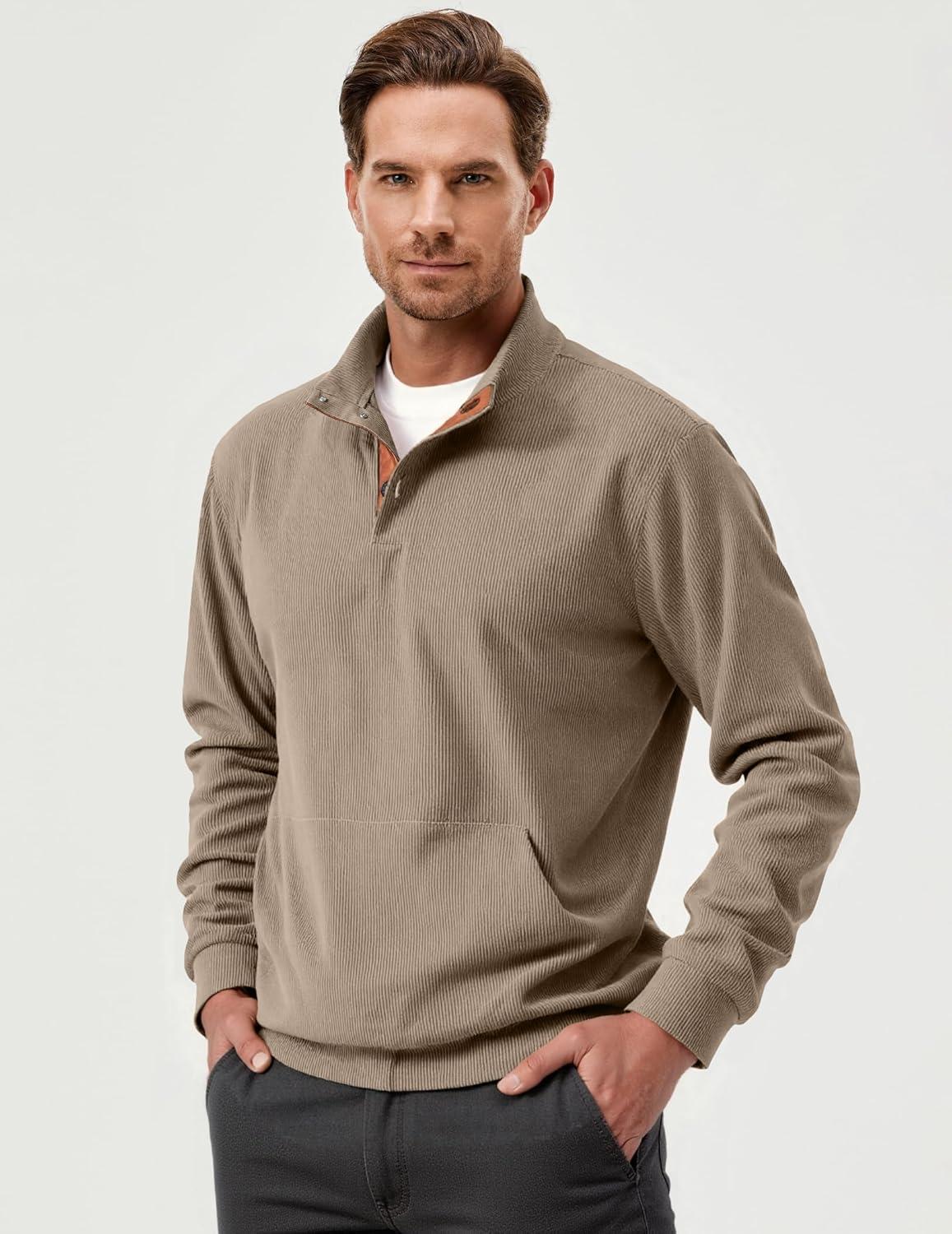 imageJMIERR Mens Warm Corduroy Sweatshirt Casual Stand Collar Quarter Fall Metal Button Pullover Sweaters Long Sleeve with PocketsT Khaki