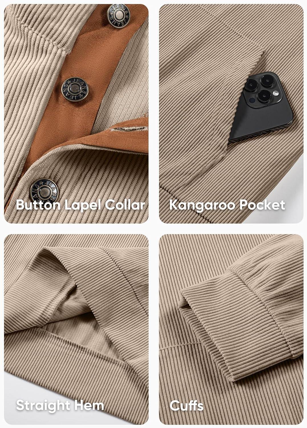 imageJMIERR Mens Warm Corduroy Sweatshirt Casual Stand Collar Quarter Fall Metal Button Pullover Sweaters Long Sleeve with PocketsT Khaki