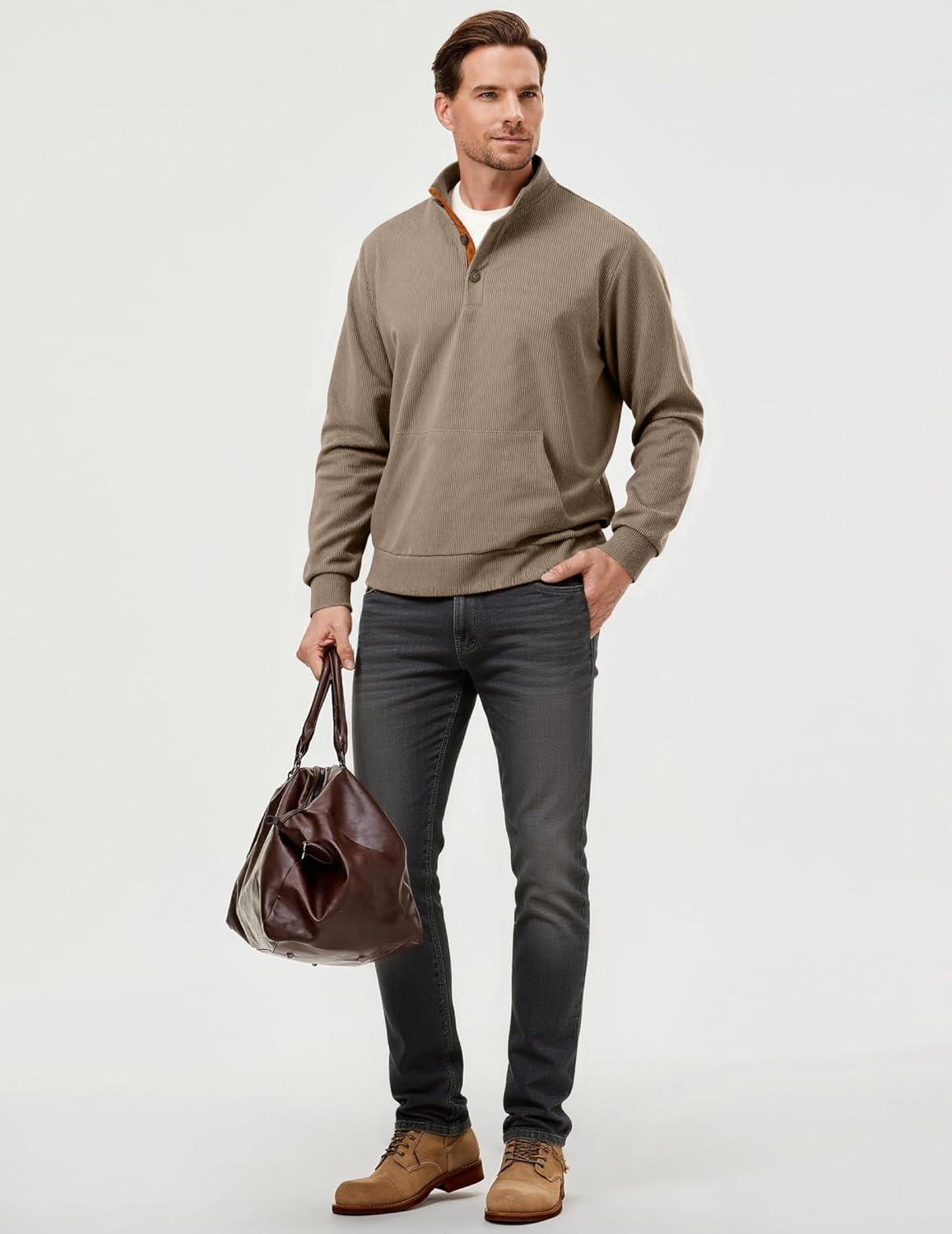 imageJMIERR Mens Warm Corduroy Sweatshirt Casual Stand Collar Quarter Fall Metal Button Pullover Sweaters Long Sleeve with PocketsT Khaki