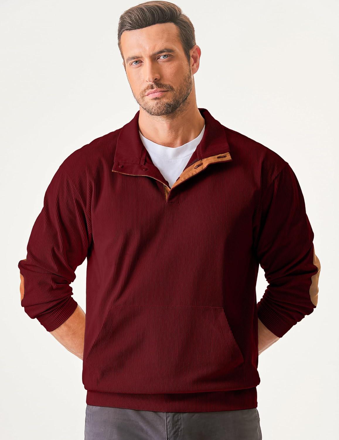 imageJMIERR Mens Warm Corduroy Sweatshirt Casual Stand Collar Quarter Fall Metal Button Pullover Sweaters Long Sleeve with PocketsT Red