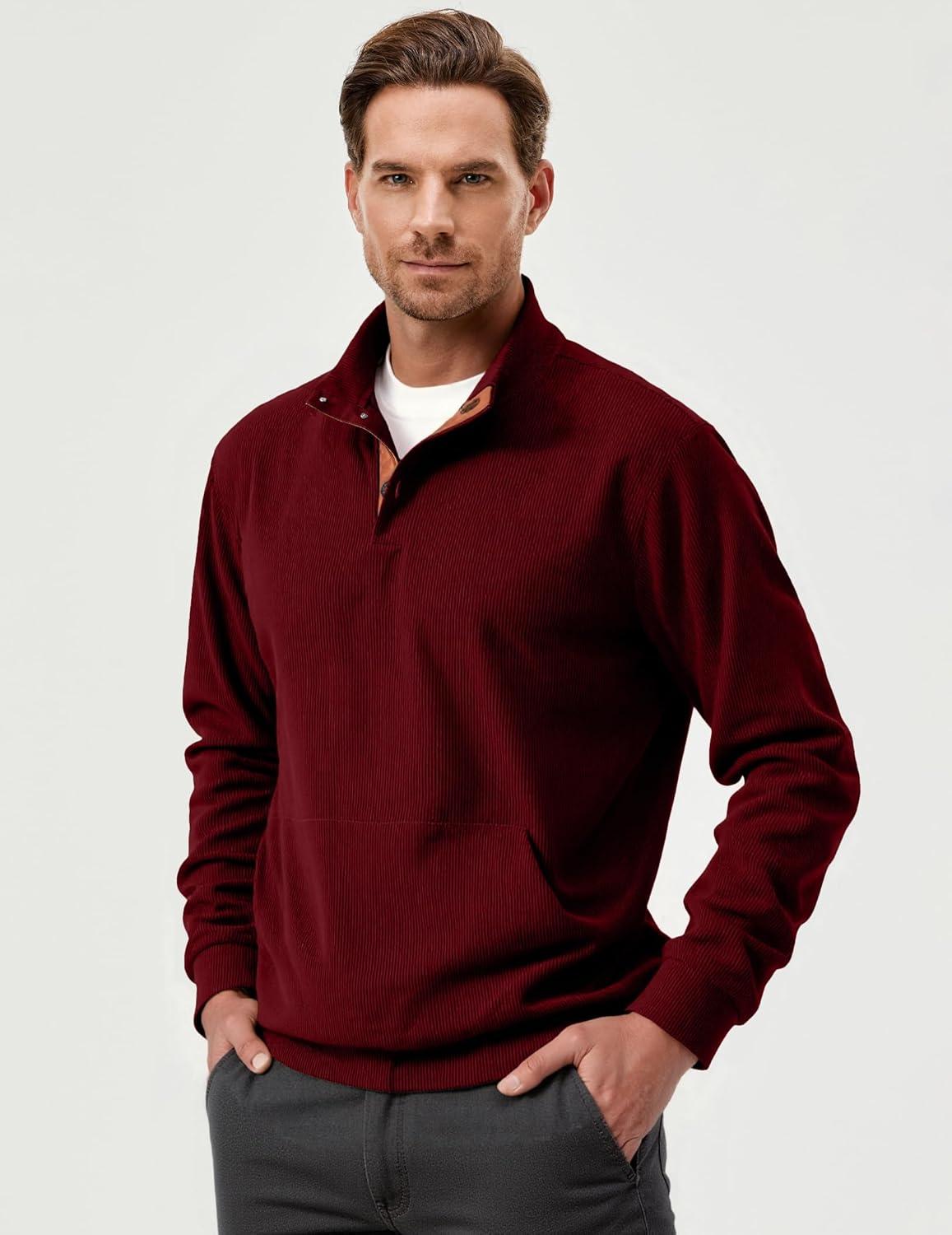 imageJMIERR Mens Warm Corduroy Sweatshirt Casual Stand Collar Quarter Fall Metal Button Pullover Sweaters Long Sleeve with PocketsT Red