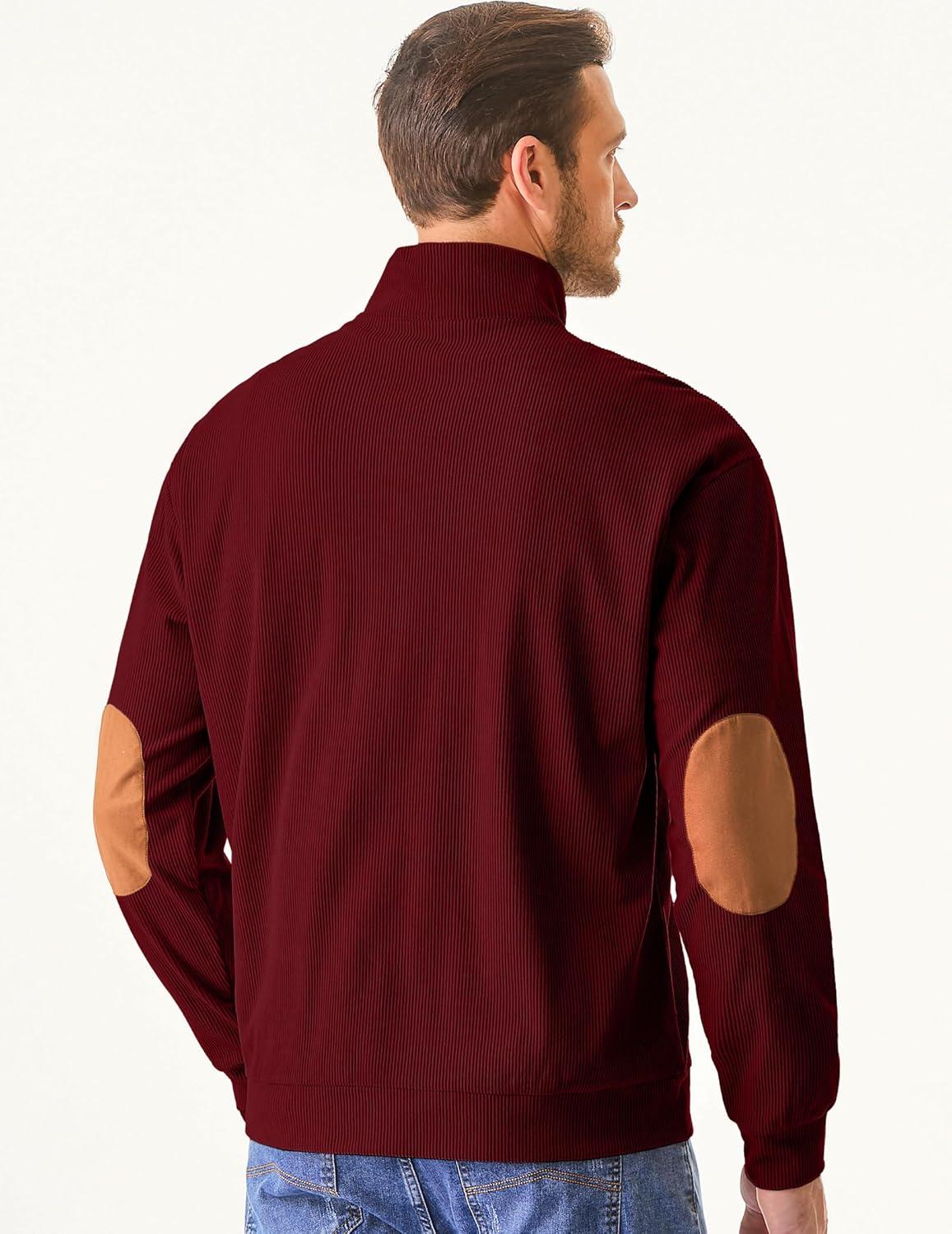 imageJMIERR Mens Warm Corduroy Sweatshirt Casual Stand Collar Quarter Fall Metal Button Pullover Sweaters Long Sleeve with PocketsT Red