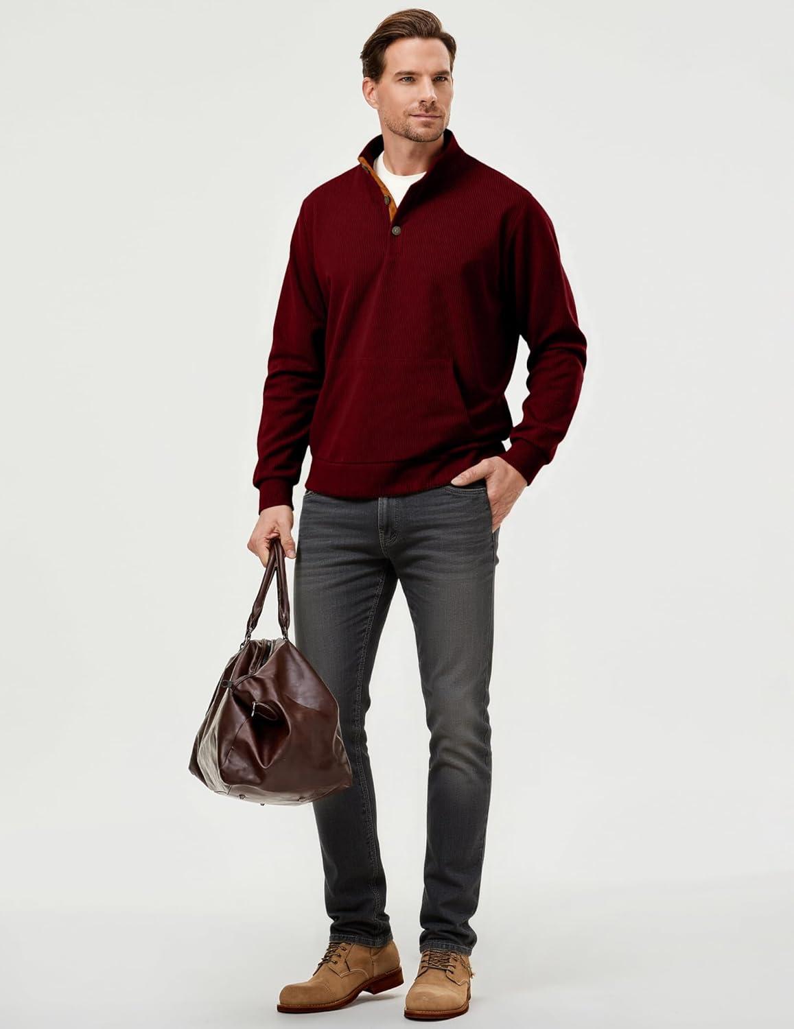 imageJMIERR Mens Warm Corduroy Sweatshirt Casual Stand Collar Quarter Fall Metal Button Pullover Sweaters Long Sleeve with PocketsT Red