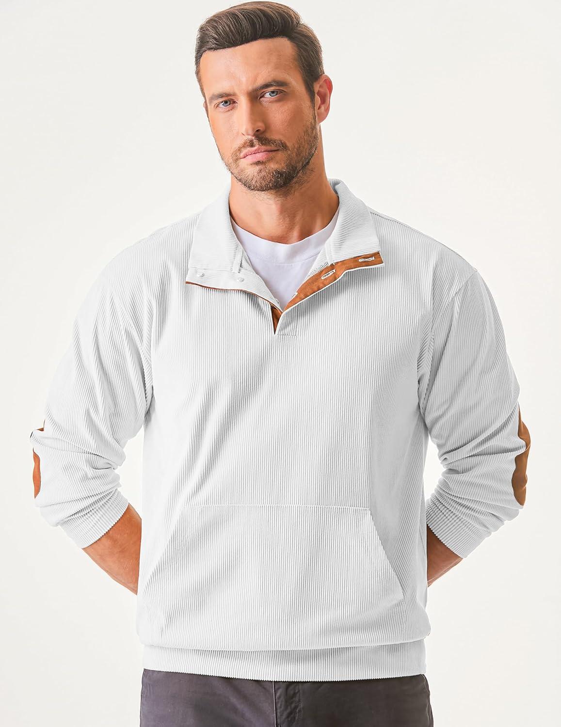 imageJMIERR Mens Warm Corduroy Sweatshirt Casual Stand Collar Quarter Fall Metal Button Pullover Sweaters Long Sleeve with PocketsT White