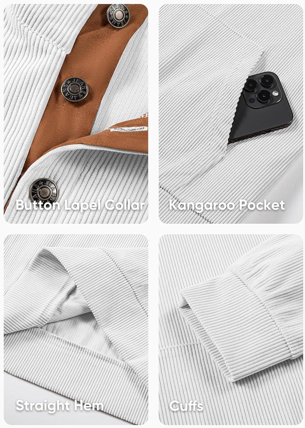 imageJMIERR Mens Warm Corduroy Sweatshirt Casual Stand Collar Quarter Fall Metal Button Pullover Sweaters Long Sleeve with PocketsT White