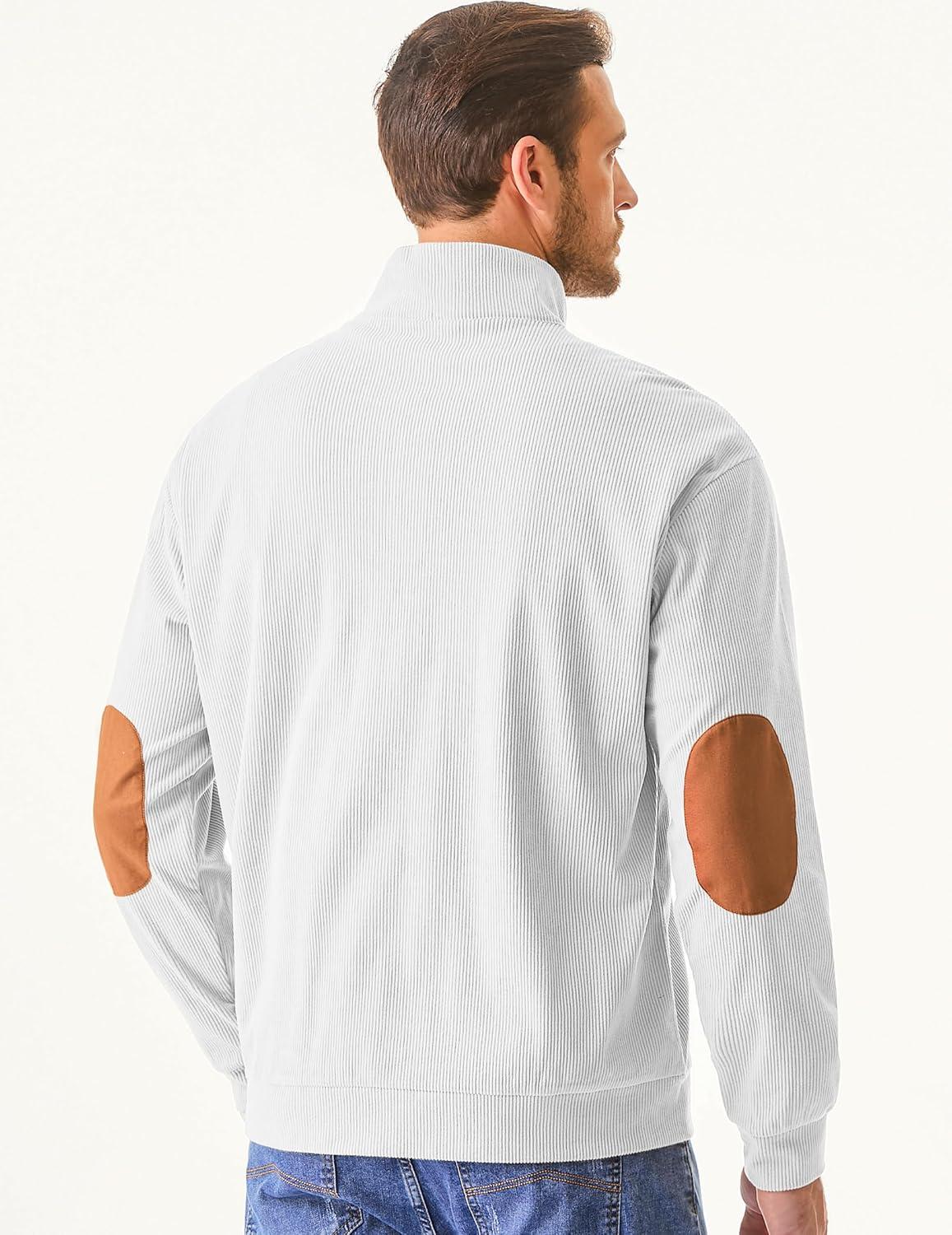 imageJMIERR Mens Warm Corduroy Sweatshirt Casual Stand Collar Quarter Fall Metal Button Pullover Sweaters Long Sleeve with PocketsT White