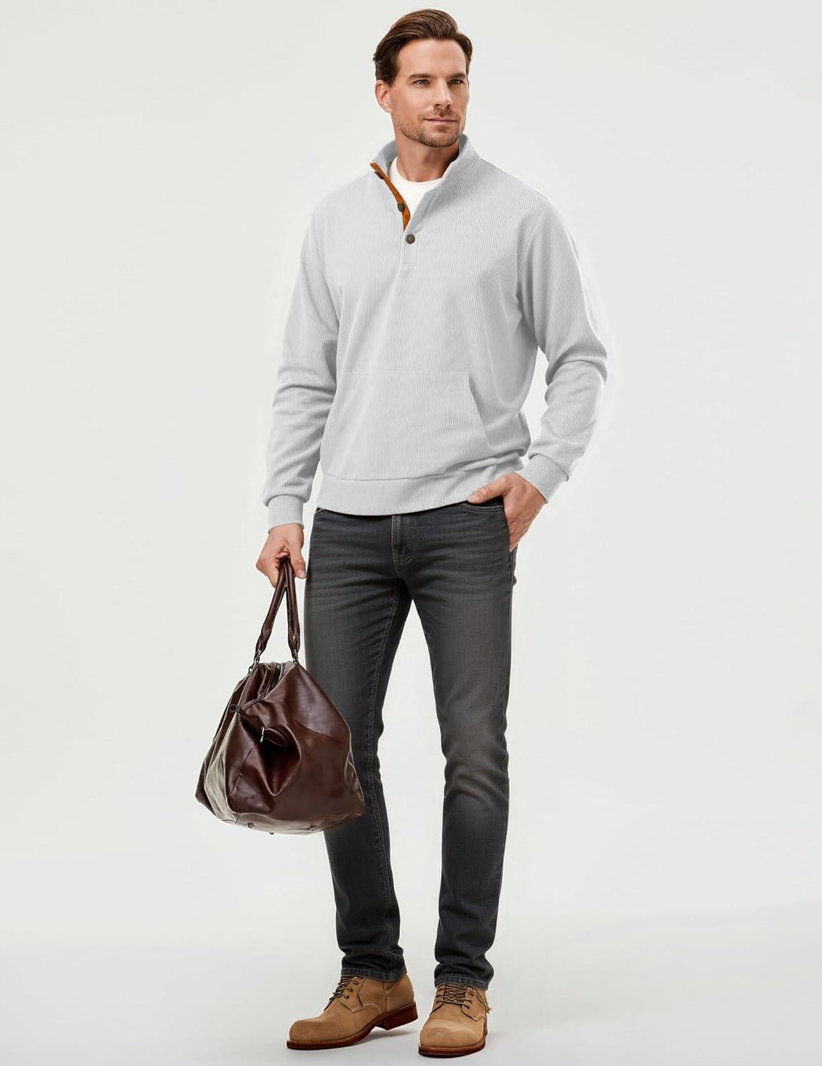 imageJMIERR Mens Warm Corduroy Sweatshirt Casual Stand Collar Quarter Fall Metal Button Pullover Sweaters Long Sleeve with PocketsT White