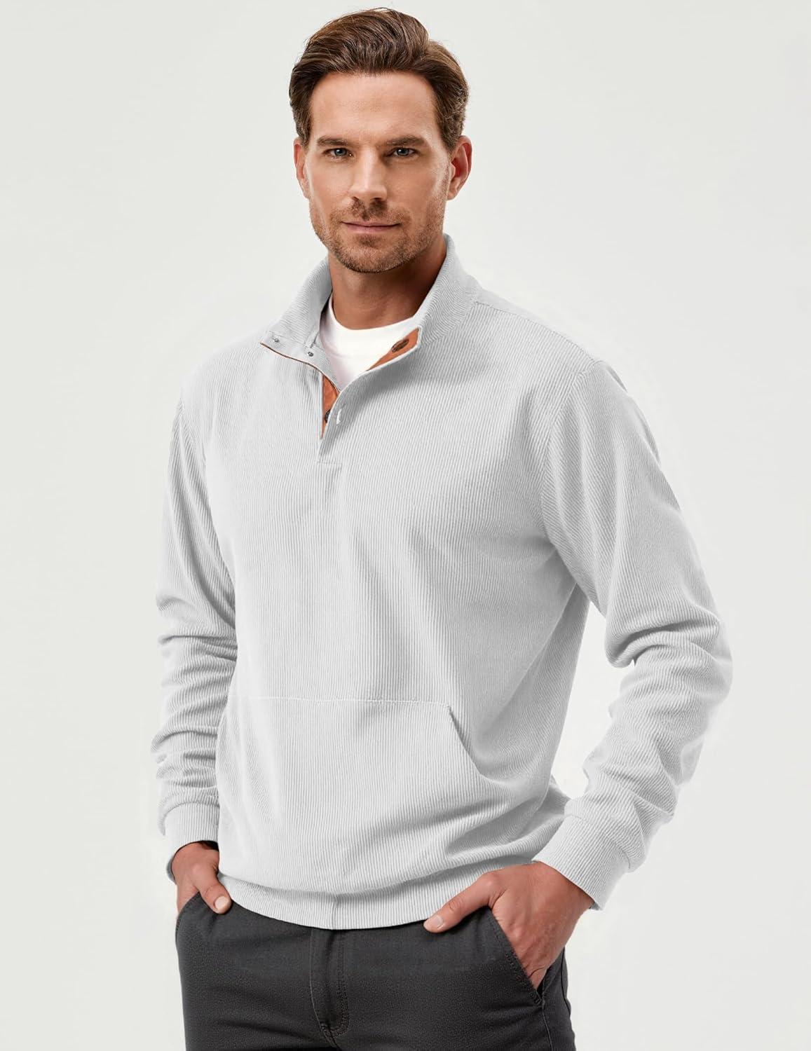 imageJMIERR Mens Warm Corduroy Sweatshirt Casual Stand Collar Quarter Fall Metal Button Pullover Sweaters Long Sleeve with PocketsT White