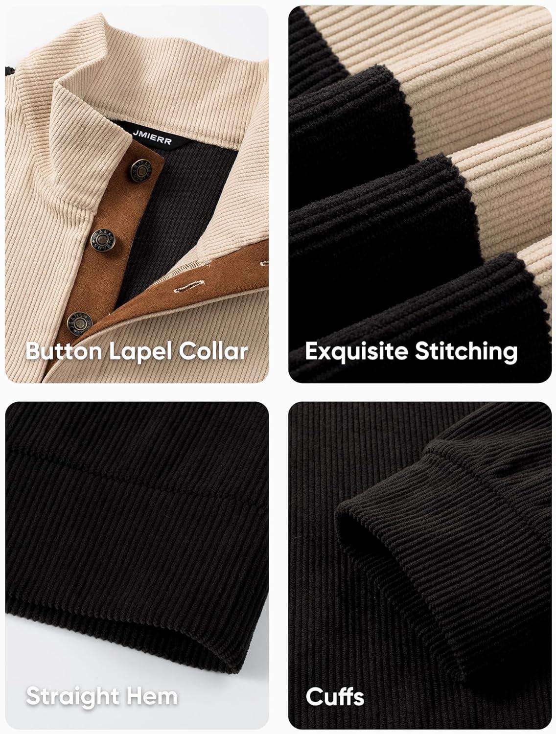 imageJMIERR Mens Warm Corduroy Sweatshirt Casual Stand Collar Quarter Fall Metal Button Pullover Sweaters Long Sleeve with PocketsX Black