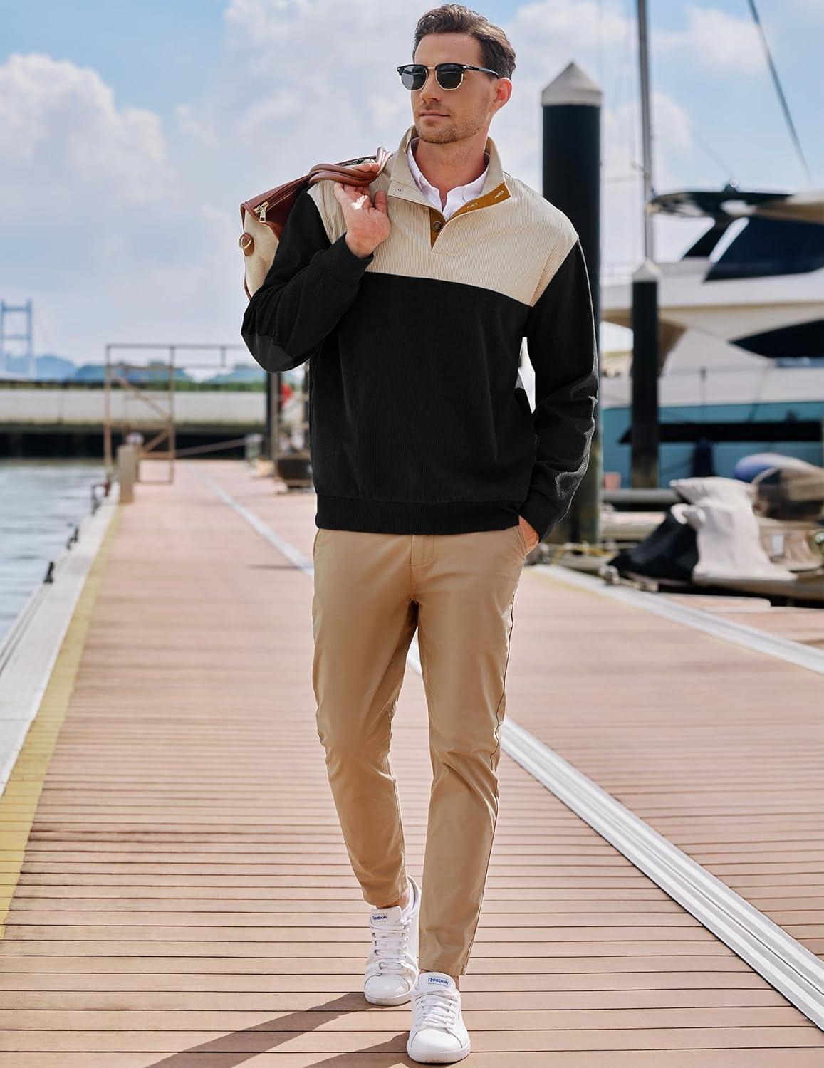 imageJMIERR Mens Warm Corduroy Sweatshirt Casual Stand Collar Quarter Fall Metal Button Pullover Sweaters Long Sleeve with PocketsX Black