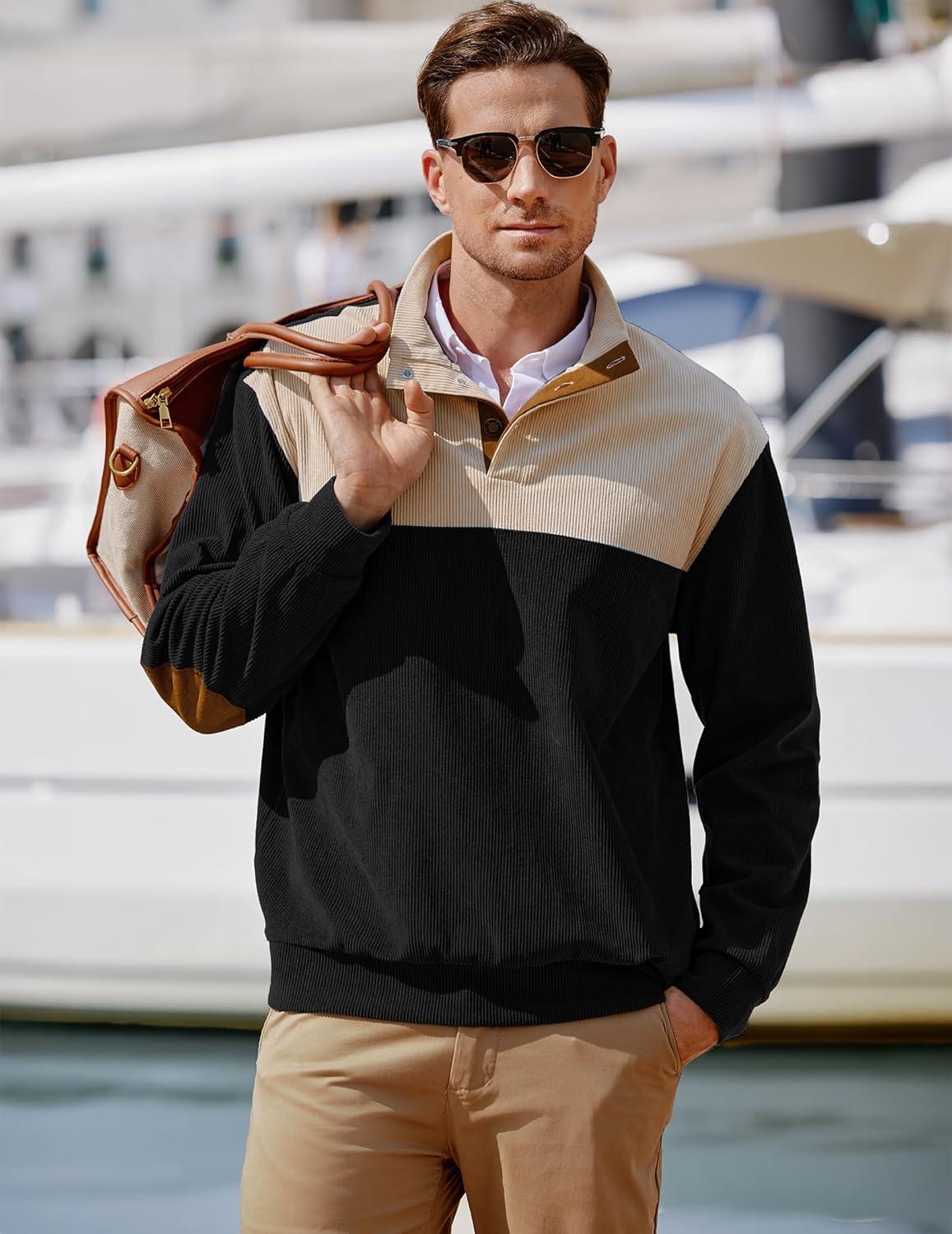 imageJMIERR Mens Warm Corduroy Sweatshirt Casual Stand Collar Quarter Fall Metal Button Pullover Sweaters Long Sleeve with PocketsX Black