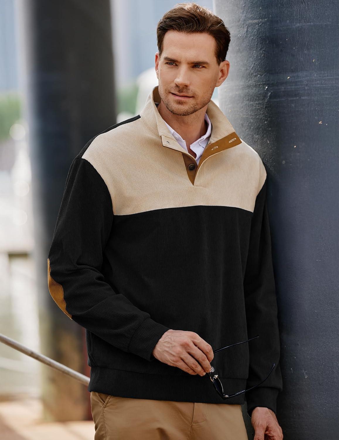 imageJMIERR Mens Warm Corduroy Sweatshirt Casual Stand Collar Quarter Fall Metal Button Pullover Sweaters Long Sleeve with PocketsX Black