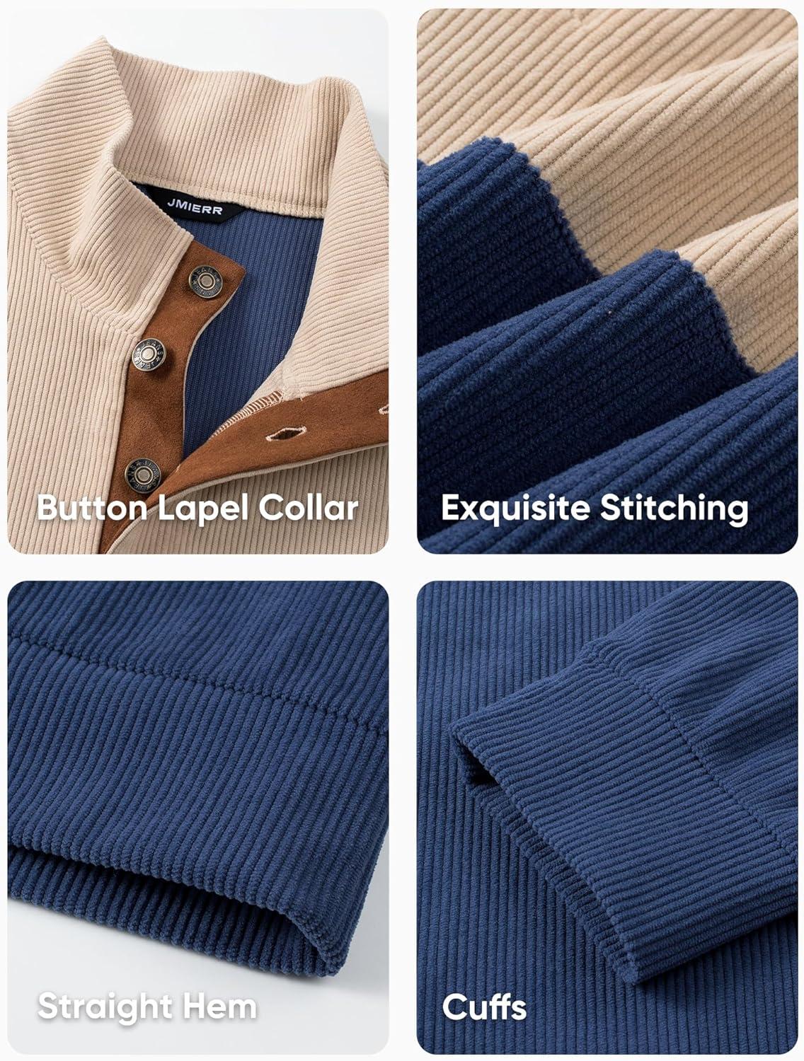 imageJMIERR Mens Warm Corduroy Sweatshirt Casual Stand Collar Quarter Fall Metal Button Pullover Sweaters Long Sleeve with PocketsZ Blue