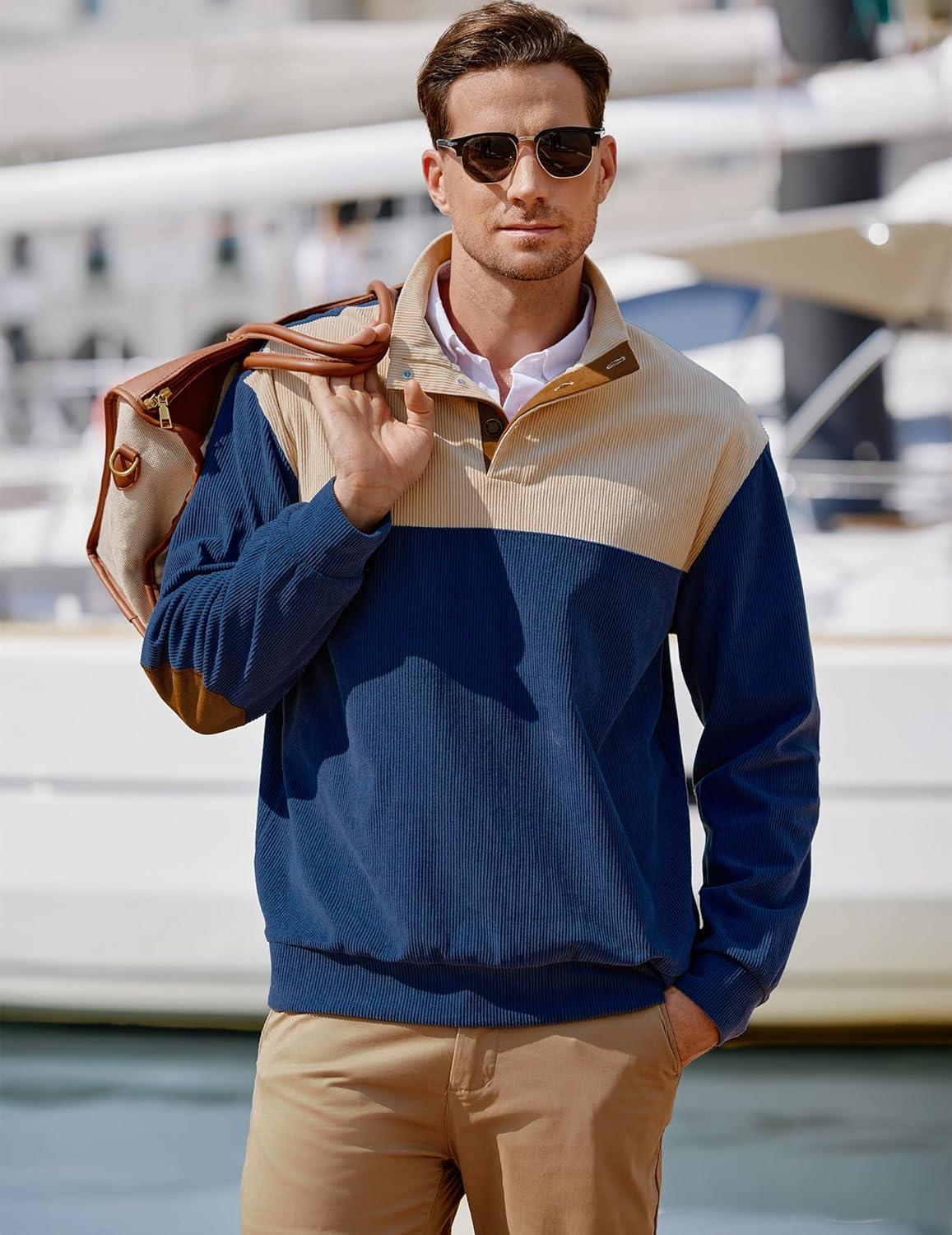 imageJMIERR Mens Warm Corduroy Sweatshirt Casual Stand Collar Quarter Fall Metal Button Pullover Sweaters Long Sleeve with PocketsZ Blue