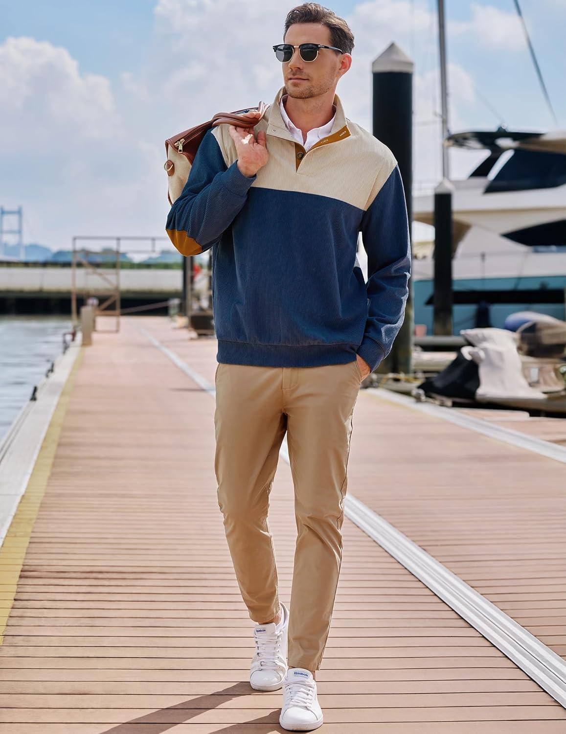 imageJMIERR Mens Warm Corduroy Sweatshirt Casual Stand Collar Quarter Fall Metal Button Pullover Sweaters Long Sleeve with PocketsZ Blue