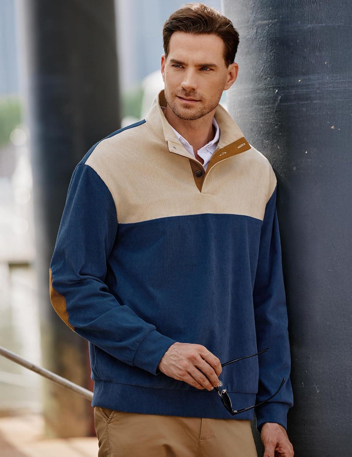 imageJMIERR Mens Warm Corduroy Sweatshirt Casual Stand Collar Quarter Fall Metal Button Pullover Sweaters Long Sleeve with PocketsZ Blue