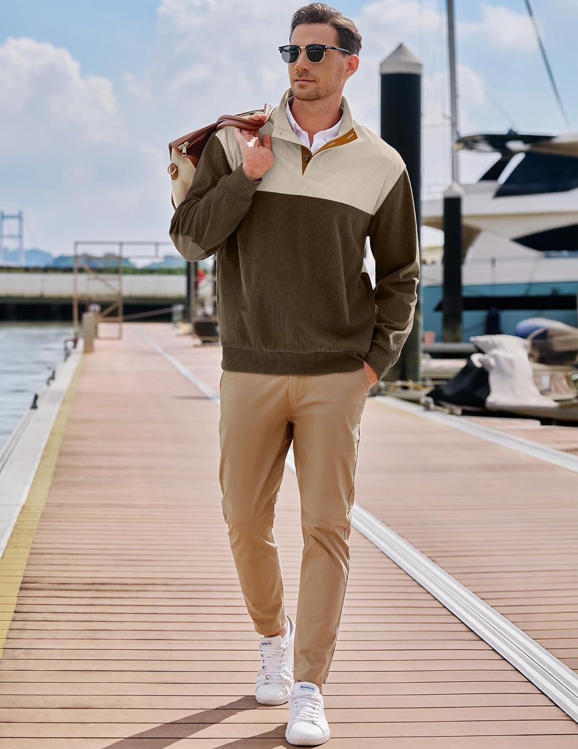 imageJMIERR Mens Warm Corduroy Sweatshirt Casual Stand Collar Quarter Fall Metal Button Pullover Sweaters Long Sleeve with PocketsZ Brown