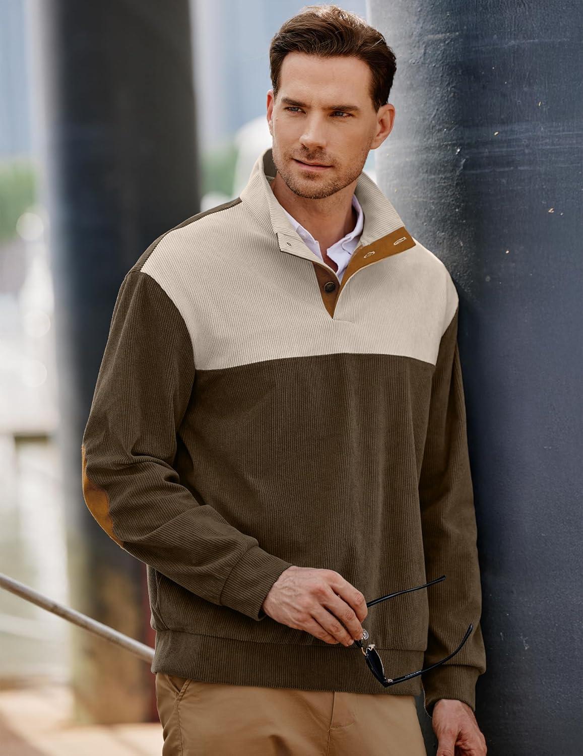 imageJMIERR Mens Warm Corduroy Sweatshirt Casual Stand Collar Quarter Fall Metal Button Pullover Sweaters Long Sleeve with PocketsZ Brown