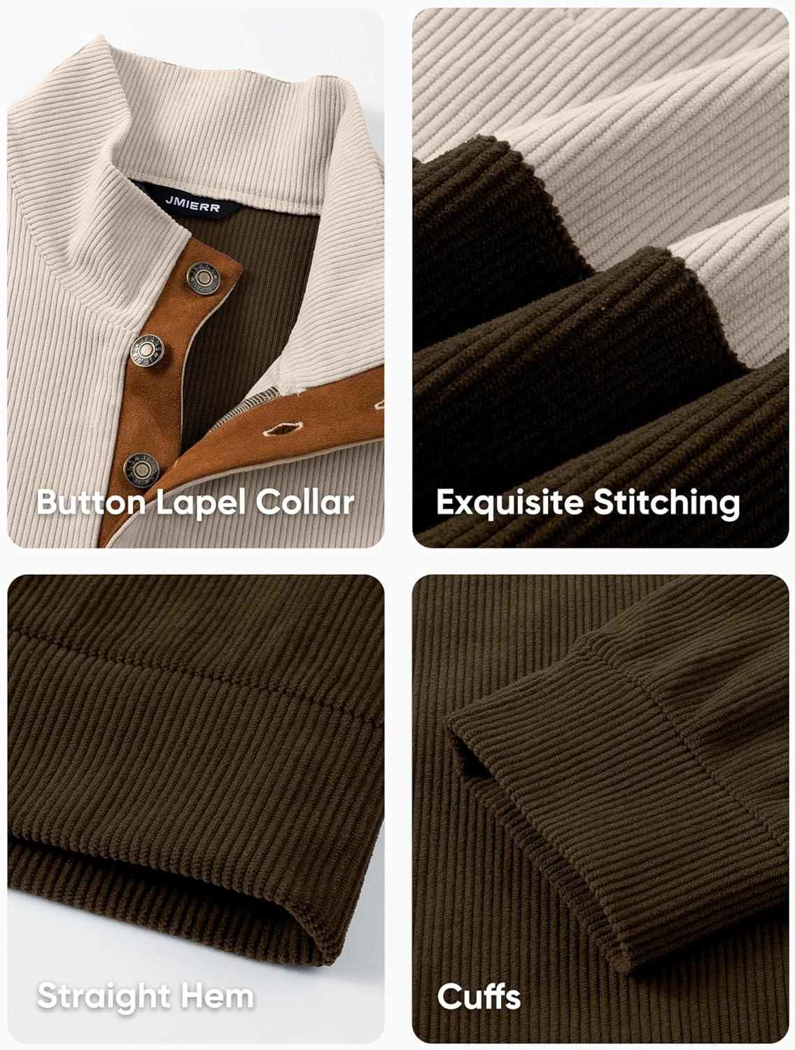 imageJMIERR Mens Warm Corduroy Sweatshirt Casual Stand Collar Quarter Fall Metal Button Pullover Sweaters Long Sleeve with PocketsZ Brown