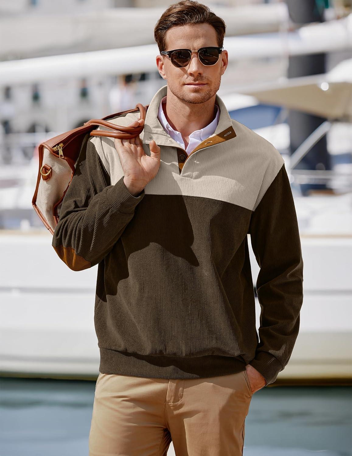 imageJMIERR Mens Warm Corduroy Sweatshirt Casual Stand Collar Quarter Fall Metal Button Pullover Sweaters Long Sleeve with PocketsZ Brown