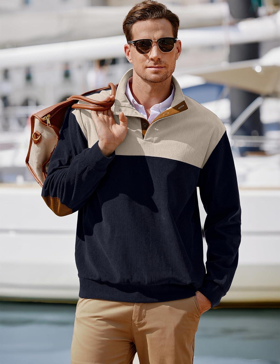 imageJMIERR Mens Warm Corduroy Sweatshirt Casual Stand Collar Quarter Fall Metal Button Pullover Sweaters Long Sleeve with PocketsZ Dark Blue