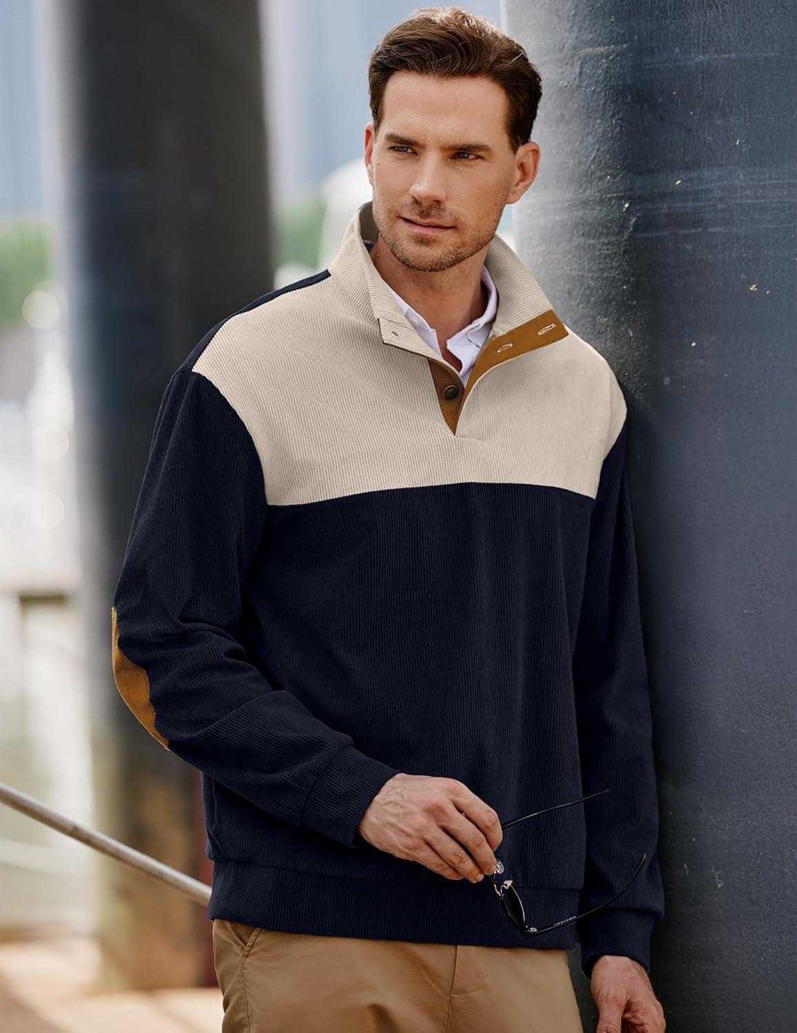 imageJMIERR Mens Warm Corduroy Sweatshirt Casual Stand Collar Quarter Fall Metal Button Pullover Sweaters Long Sleeve with PocketsZ Dark Blue