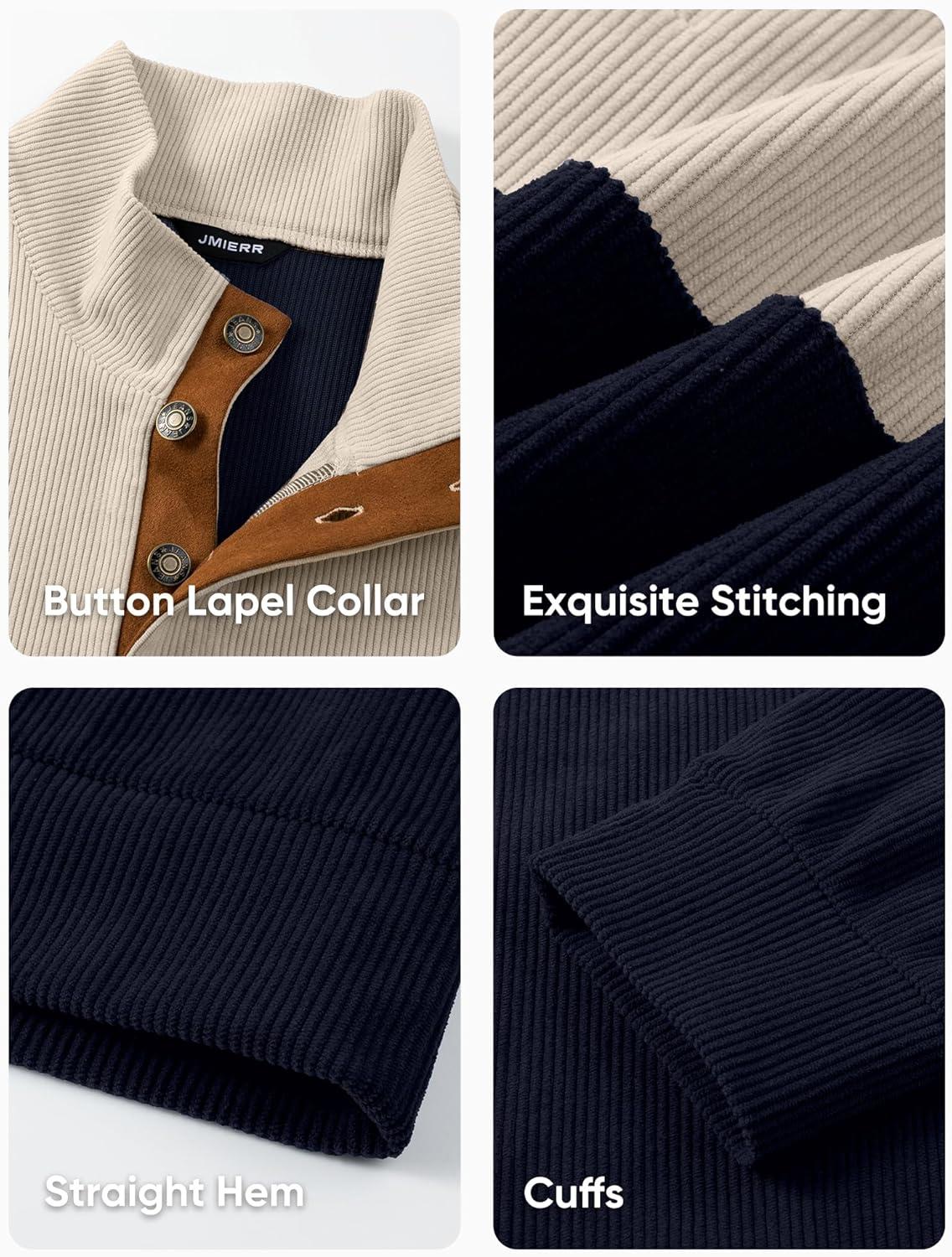 imageJMIERR Mens Warm Corduroy Sweatshirt Casual Stand Collar Quarter Fall Metal Button Pullover Sweaters Long Sleeve with PocketsZ Dark Blue