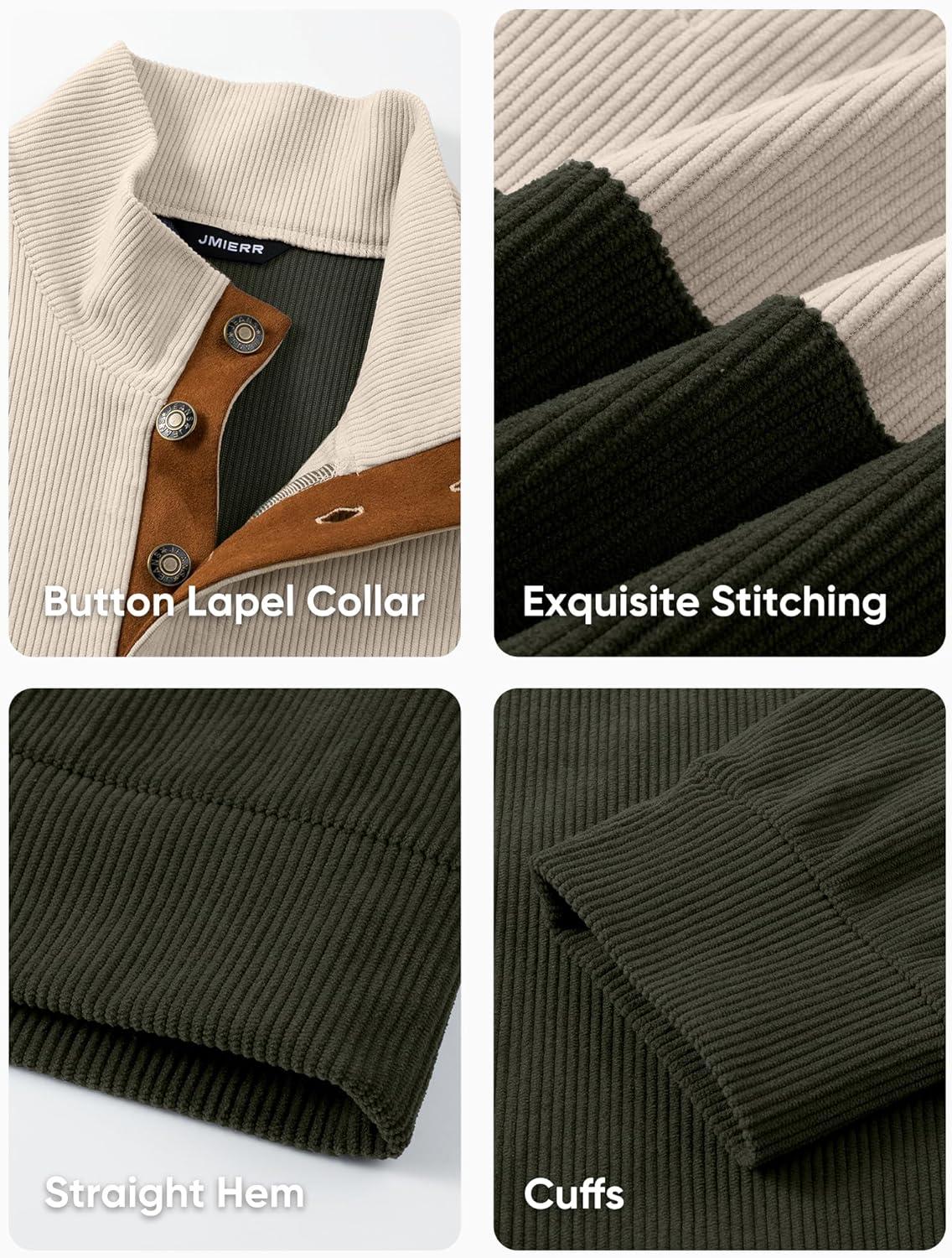 imageJMIERR Mens Warm Corduroy Sweatshirt Casual Stand Collar Quarter Fall Metal Button Pullover Sweaters Long Sleeve with PocketsZ Green