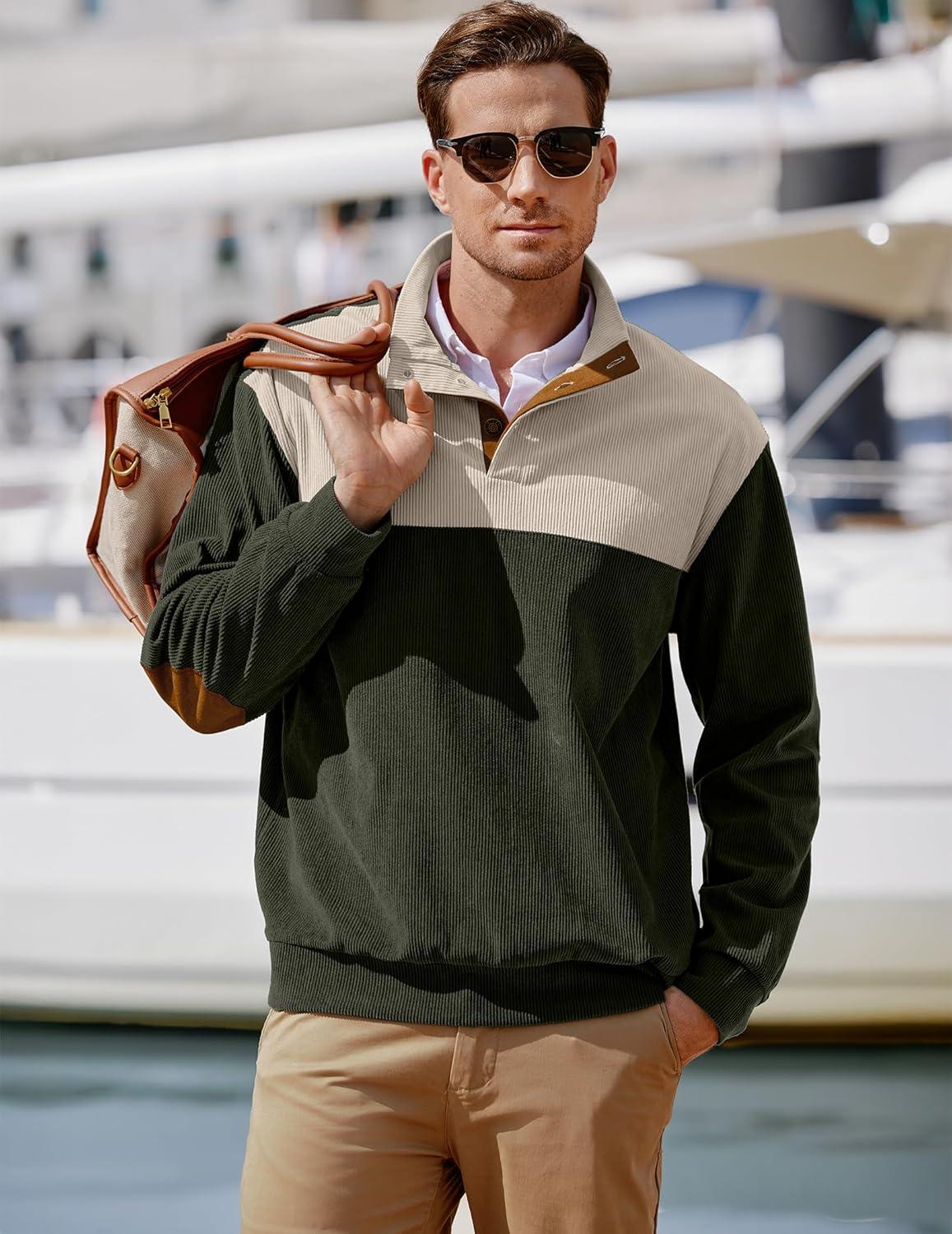 imageJMIERR Mens Warm Corduroy Sweatshirt Casual Stand Collar Quarter Fall Metal Button Pullover Sweaters Long Sleeve with PocketsZ Green