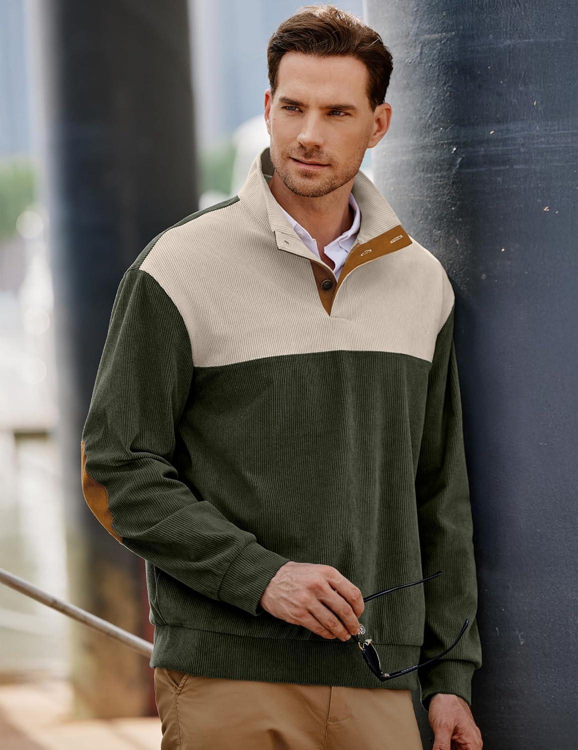 imageJMIERR Mens Warm Corduroy Sweatshirt Casual Stand Collar Quarter Fall Metal Button Pullover Sweaters Long Sleeve with PocketsZ Green