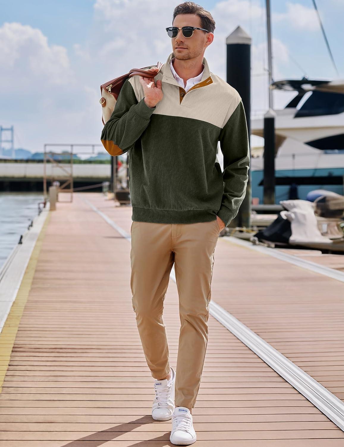 imageJMIERR Mens Warm Corduroy Sweatshirt Casual Stand Collar Quarter Fall Metal Button Pullover Sweaters Long Sleeve with PocketsZ Green